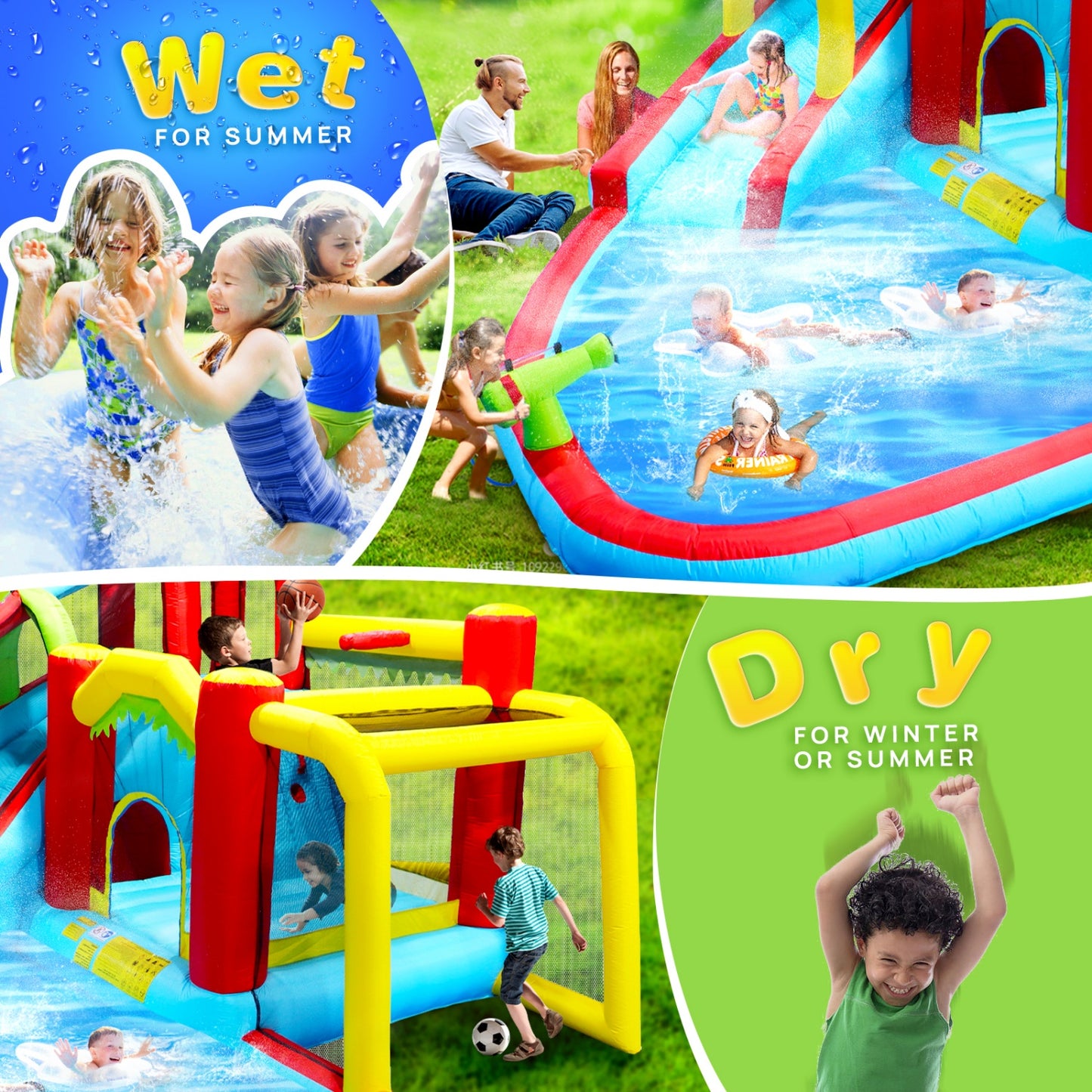 Inflatable Water Slide for Kids Backyard, SHINPT 7 in1 Water Park Bounce House with Slide, Water Gun, Climbing Wall, Inflatable Bounce House with Basketball, Football, Jumping Castle with Air Blower