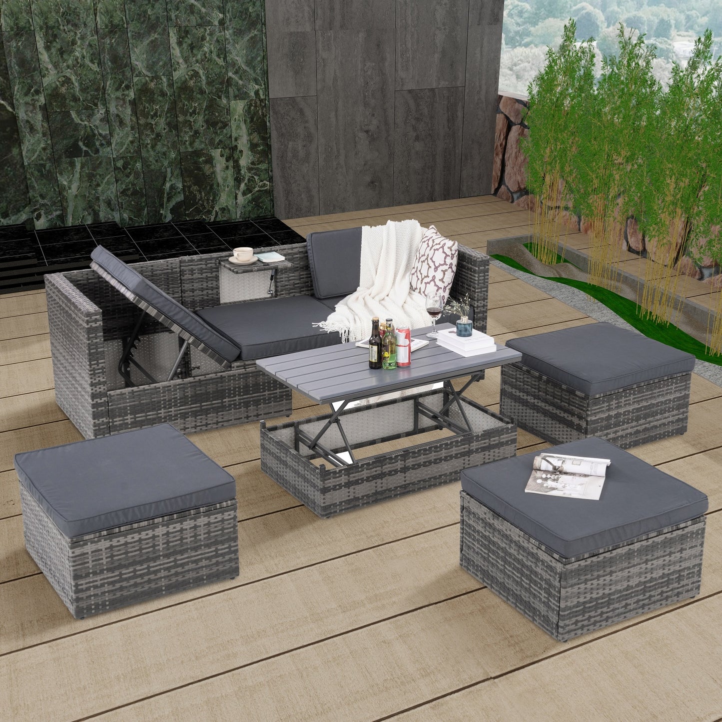 Patio Furniture, 5 Pieces Conversation Sets Outdoor Wicker Rattan Set with Soft Cushion and Coffee Table, Outdoor Wicker Seasonal Furniture for Balcony, Porch, Backyard, Deck, Garden