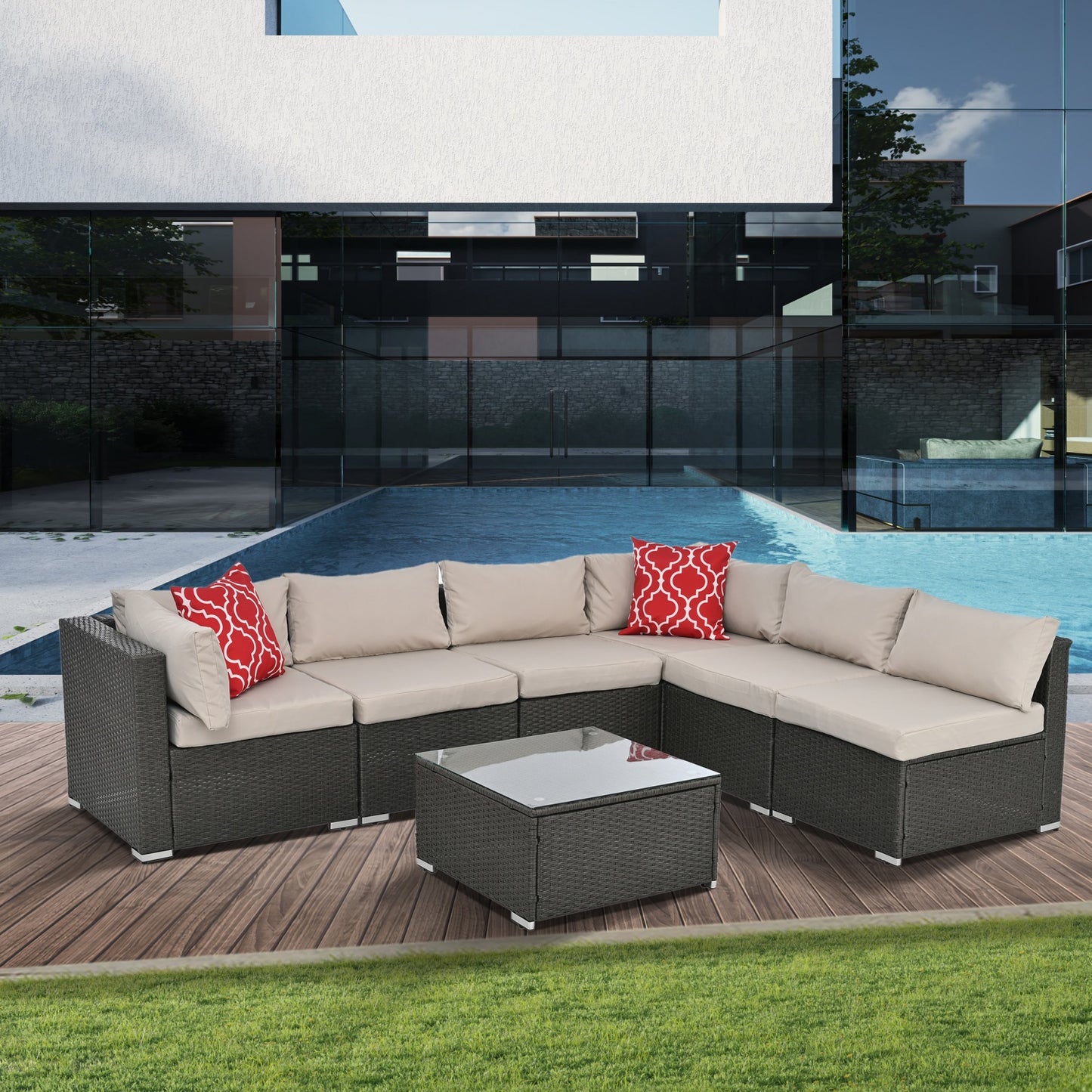 7 Piece Outdoor Patio Furniture Set, All-Weather Rattan Patio Furniture Set with Glass Table and Ottoman, Wicker Patio Furniture Sectional Set for Garden/Patio/ Balcony/Porch/Backyard, Dark Gray