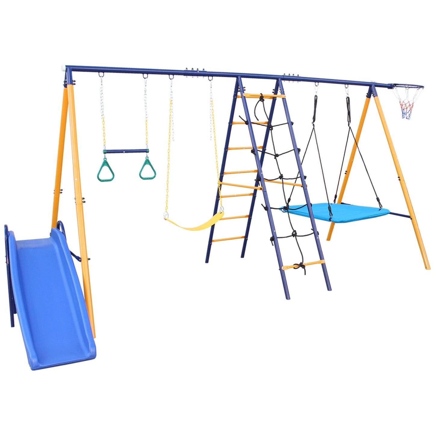 7 in 1 Swing Set for Backyard, SHINPT Playground Swing Sets with Slide, 2 Swing Seats, Outdoor Multifunction Playsets for Kids with 1 Gym Ring, 1 Basket, 1 Climbing Net & Ladder, 500 lbs Capacity