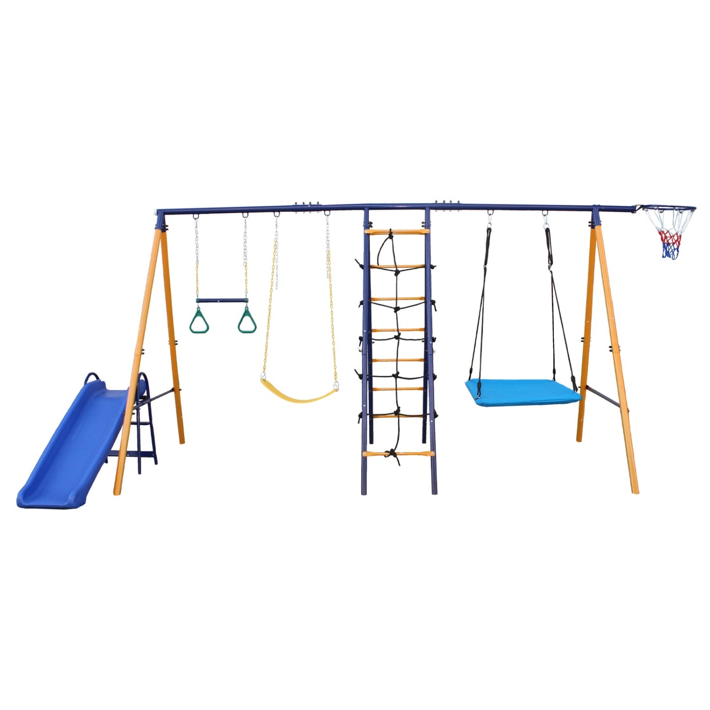 7 in 1 Swing Set for Backyard, SHINPT Playground Swing Sets with Slide, 2 Swing Seats, Outdoor Multifunction Playsets for Kids with 1 Gym Ring, 1 Basket, 1 Climbing Net & Ladder, 500 lbs Capacity