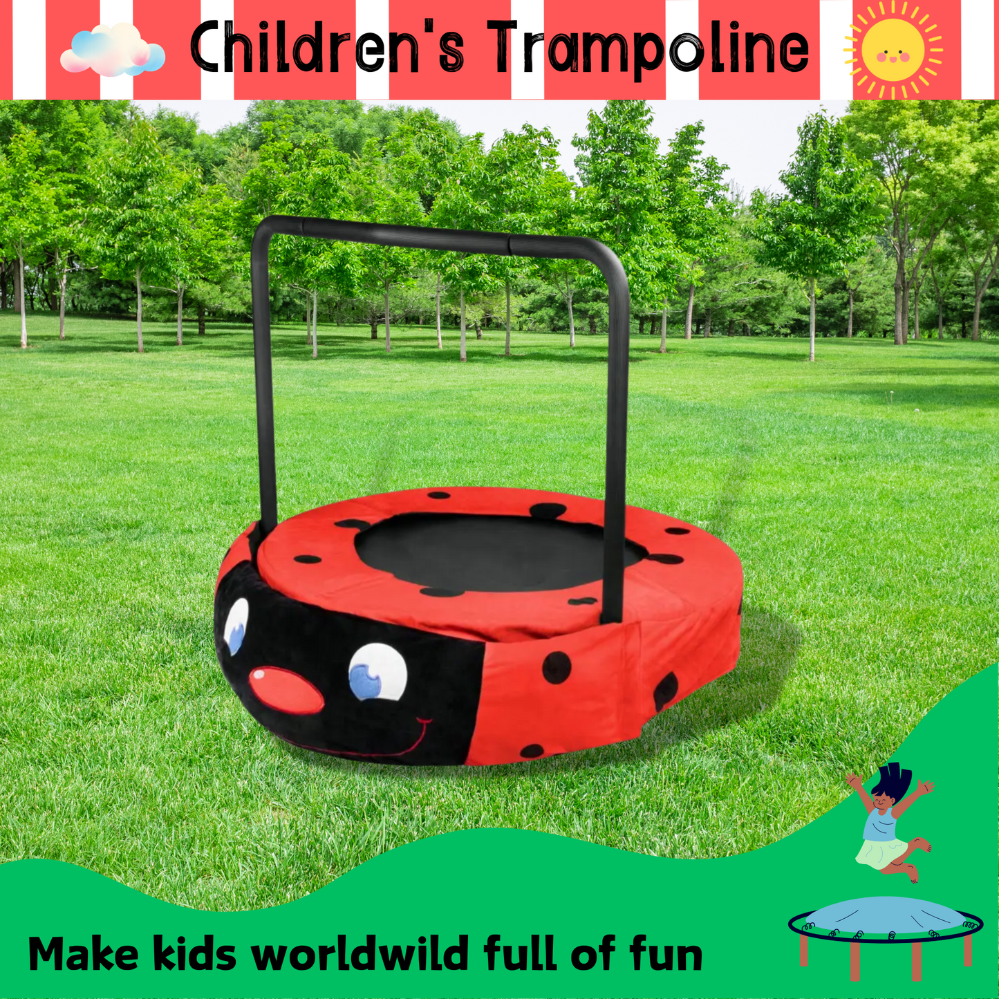 36" Mini Trampoline for Kids Ages 3-7, Toddler Trampoline with Foam Handle for Indoor & Outdoor, SHINPT Kids Trampoline for Boys&Girls, Ladybug Black and Red Foldable Iron Tube for Backyard, Patio