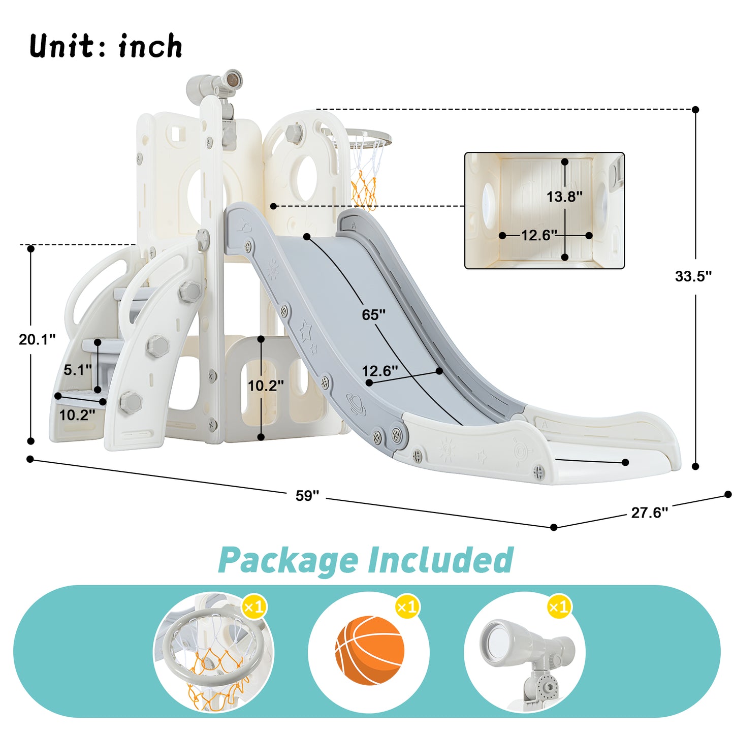 5 in 1 Toddler Slide Set, Freestanding Spaceship Set with Slide, Kids Slide Playset Structure, Telescope and Basketball Hoop, Toy Storage Space