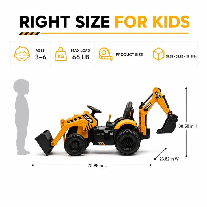 SHINPT Ride on Excavator, JCB, 24V Dual Motors,  Digger Ride on Toy, Front Loader & Backhoe, Remote Control Construction Toy, Yellow, for Toddler Boys 3-5 Years Old