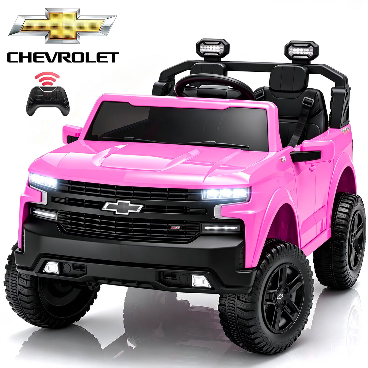 SHINPT 24V Ride on Car, Chevrolet Silverado Licensed, 2 Seater Electric Truck for Kids, Remote Control, 3-Speed, Safety Belt, Bluetooth Music, LED Headlights, Battery Power, Ages 3+, 46.30lbs, Pink
