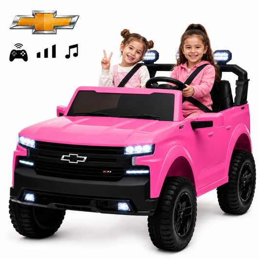 SHINPT 24V Ride on Car, Chevrolet Silverado Licensed, 2 Seater Electric Truck for Kids, Remote Control, 3-Speed, Safety Belt, Bluetooth Music, LED Headlights, Battery Power, Ages 3+, 46.30lbs, Pink