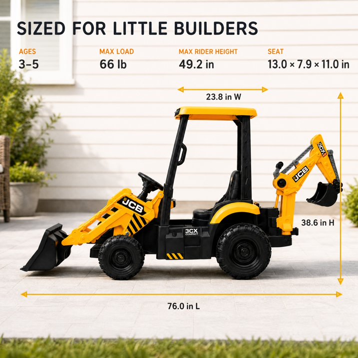 SHINPT Ride on Excavator, JCB, Realistic 2-in-1 Construction,  Toddler Excavator, Shovel & Digger, Electric Ride on Toy, 12V Battery Powered, Remote Control, Yellow, for Toddlers Boys 3-5 Years Old