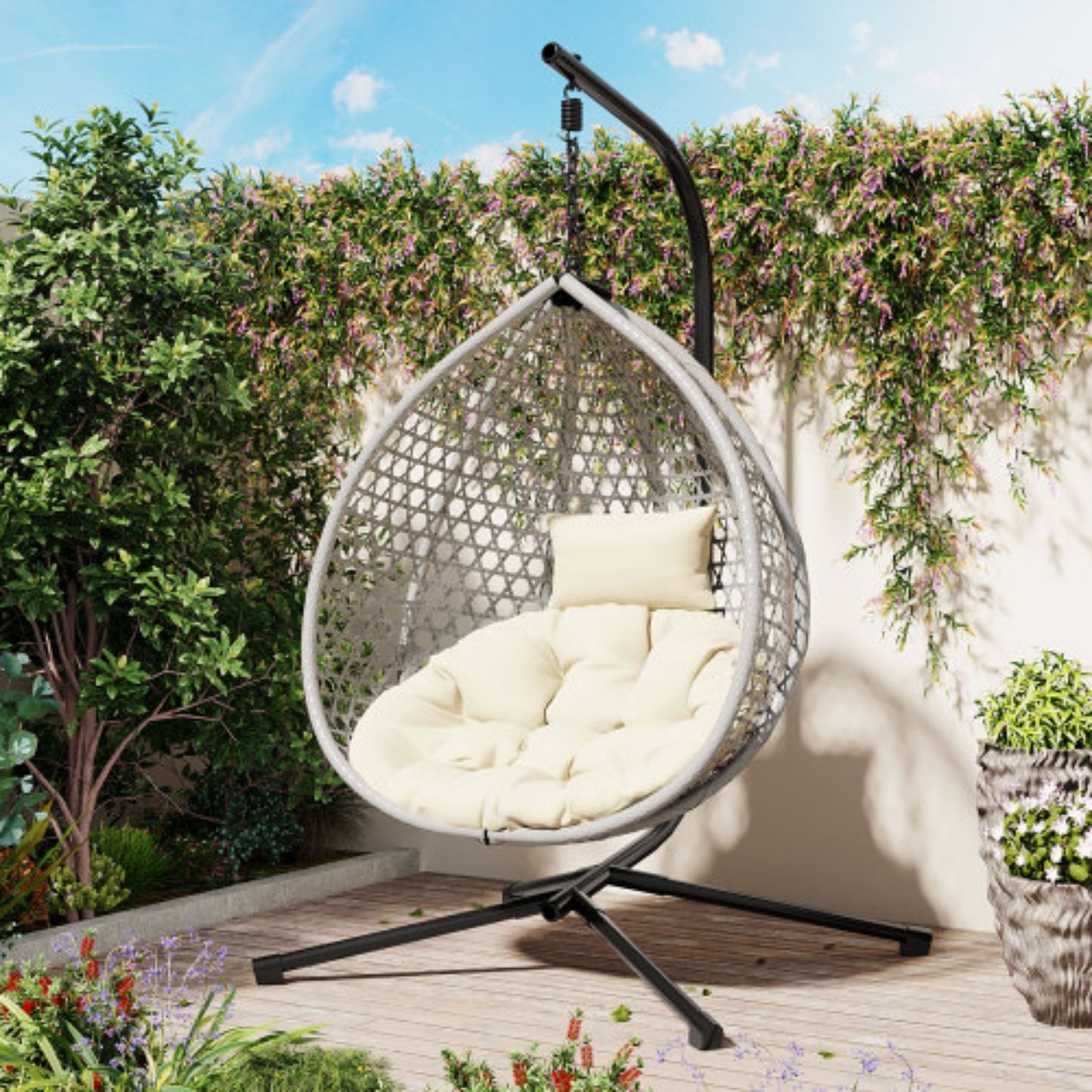 Egg Chair with Stand, Indoor/Outdoor Hanging Egg Chair with Removable & Washable Cushions, Hammock Rattan Swing Chair with 330 LBS Capacity for Bedroom, Balcony, Poolside, Garden, Backyard