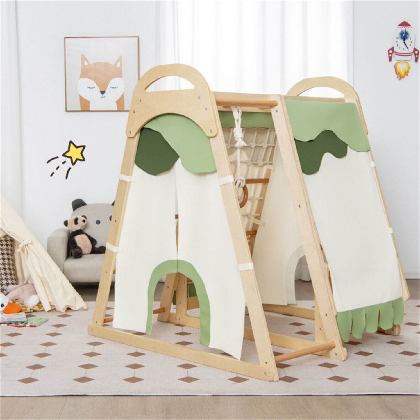 6-in-1Indoor Playground Jungle Gym, Toddlers Triangle Climbing Toys Set with Monkey Bars, Rock Climbing Wall, Gymnasitic Ring, Climbing Net and Ladder, Wooden Montessori Climbing Toys for Kids 1-6