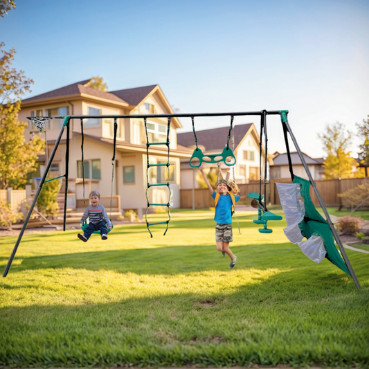 Metal Swing Set for Kids 3-8, Backyard Playground Set with Face-to-face Swings, Hanging Rings, Basketball Stand, Football Nets, Climbing Ladders, Kids Swing Sets for Backyard, 550lbs Capacity, Green