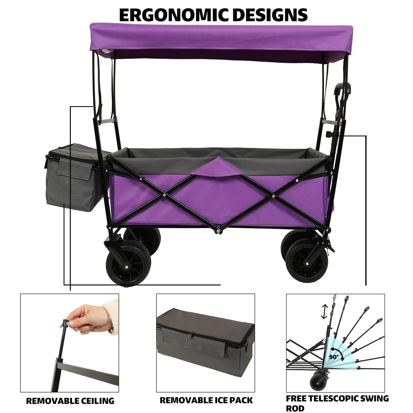 Collapsible Foldable Extended Wagon with Canopy, SHINPT Folding Wagon Cart with 480lbs Weight Capacity, Heavy Duty Wagon with Big All-Terrain Beach Wheels, Outdoor Utility Cart for Camping, Sports