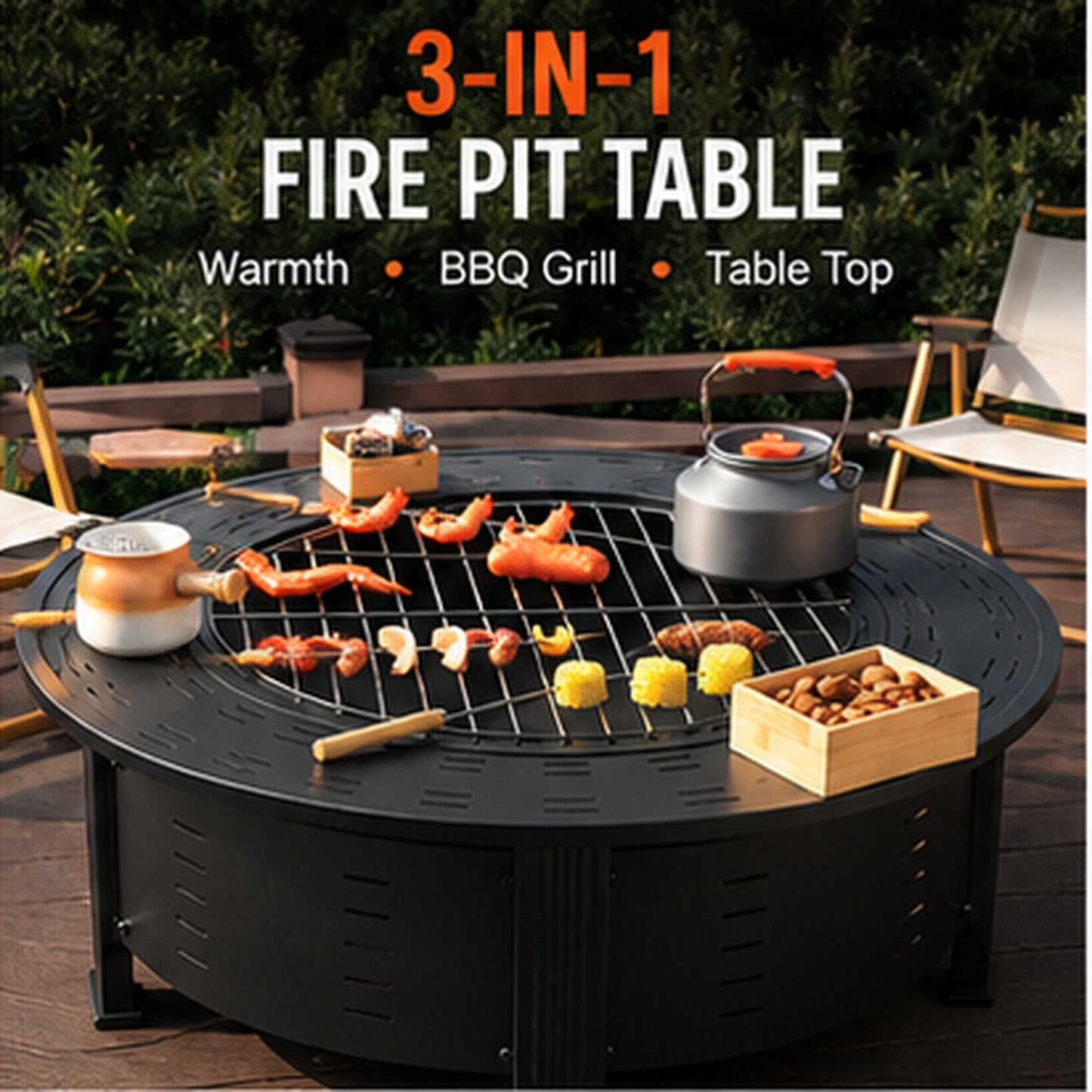 Fire Pit, SHINPT Modern 37 Inch Round Outdoor Fire Pit Table, Wood Burning Metal Fireplace with Square Lid, Black Steel Brazier for Patio Backyard Garden