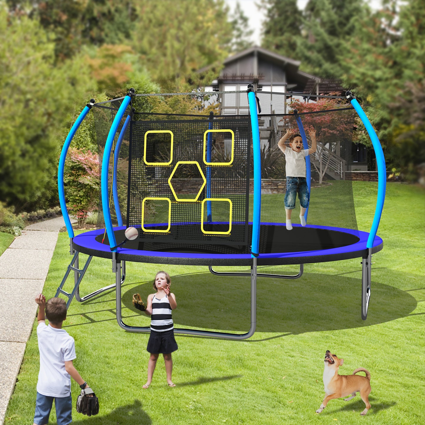 12FT Heavy Duty Trampoline for Kids and Adults, SHINPT Recreational Trampoline with Enclosure Net, Inside/Outside Trampoline with Ball Games, Outdoor Kids Play Equipment for Lawn, Garden, Backyard