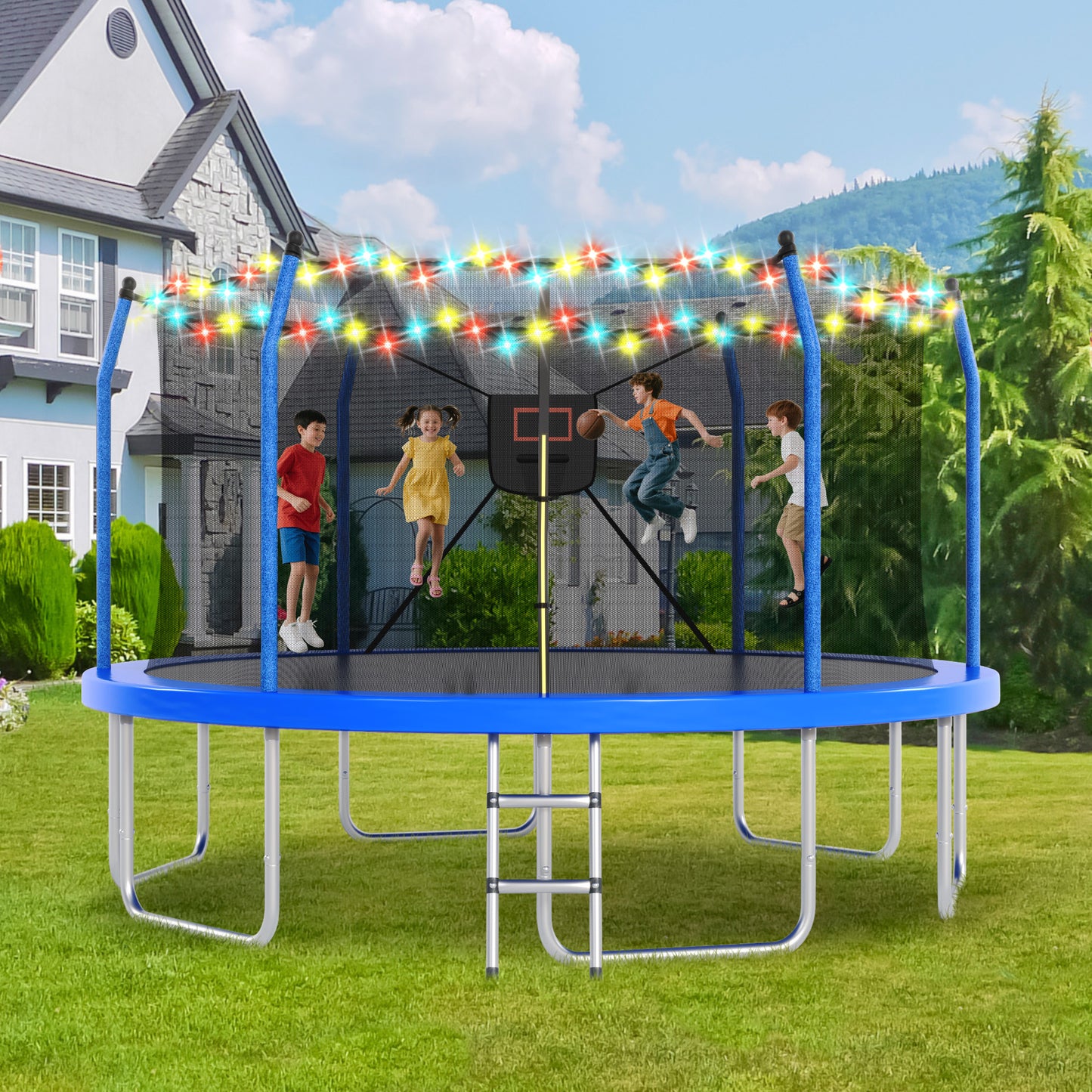 14FT Outdoor Recreational Trampoine for Kids and Adults, SHINPT Large Trampoline with Lights and Basketball Hoop, Heavy Duty Trampoline with 1500lbs Capacity, 14FT Big Trampoline for Backyard, Lawn