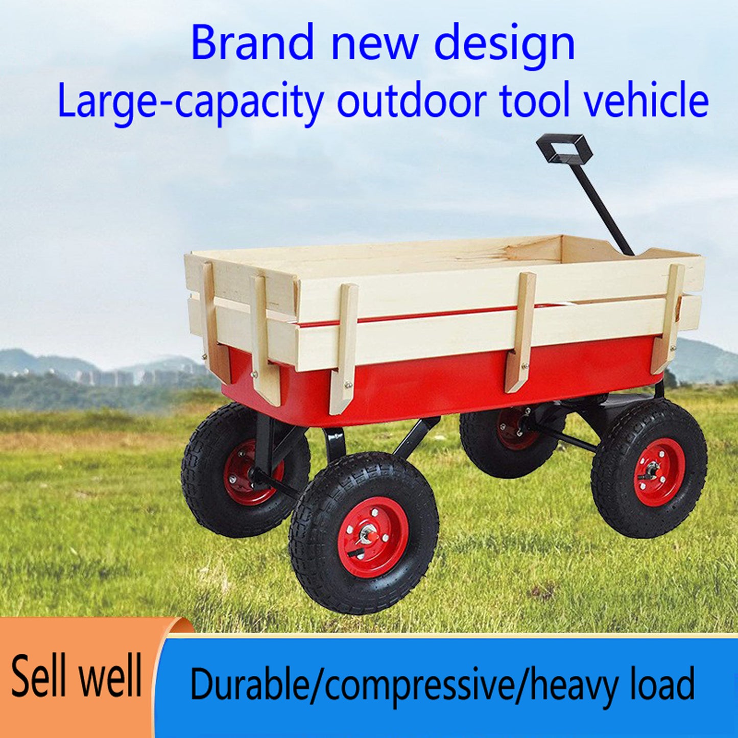 Heavy Duty Wagon with Handle, SHINPT Garden Cart and Wagon with Air Tires, Outdoor Gardening Cart with Wooden Side Panels, Utility Trailer with Metal Wheel Barrow, All Terrain Wagon for Yard, Lawn