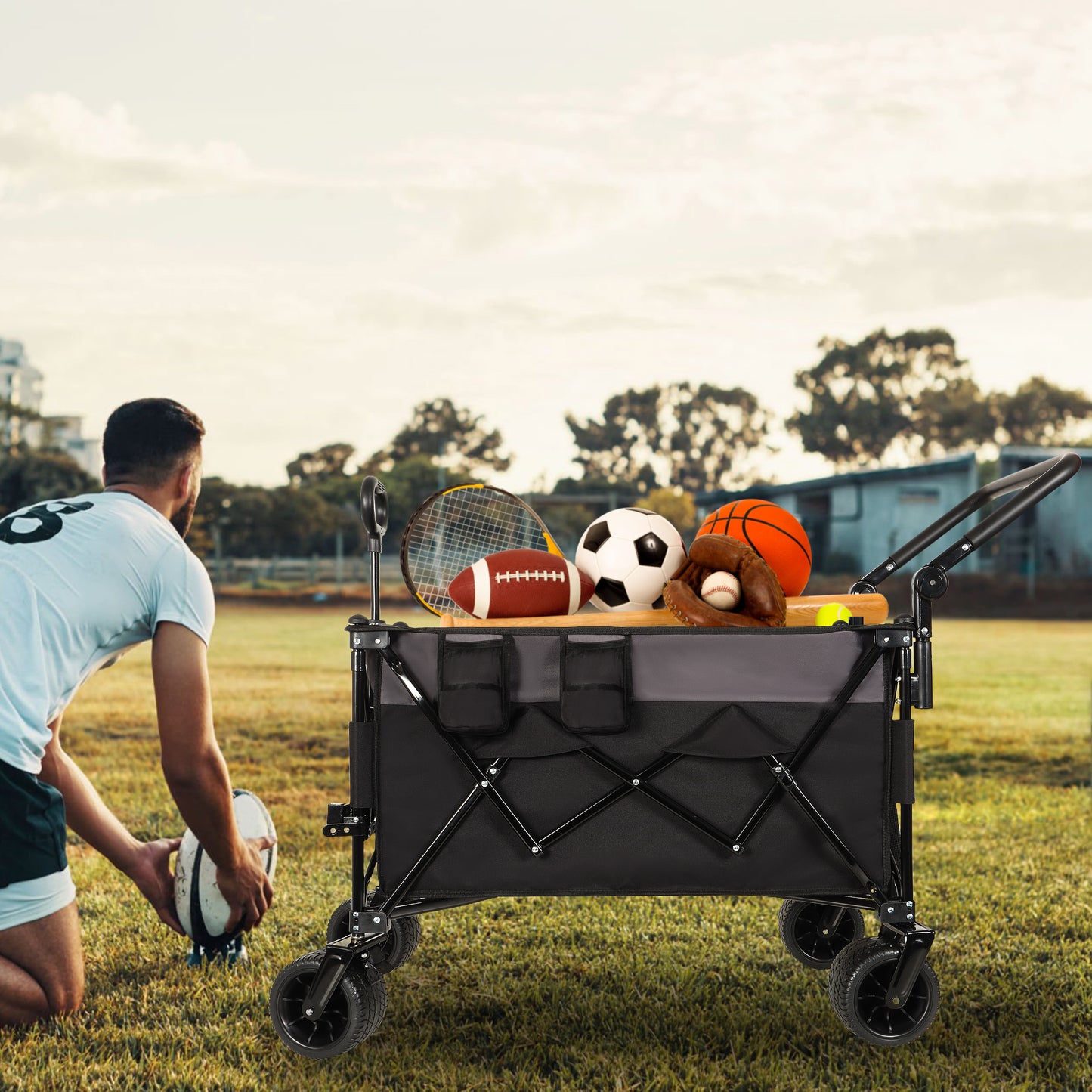 Multi-Functional Collapsible Cart with Rotating Handle, SHINPT Heavy Duty Utility Cart with 360° All-Terrain Wheels, Foldable Shopping Cart for Transport, Groceries, Outdoor, Trolley Cart with Brakes