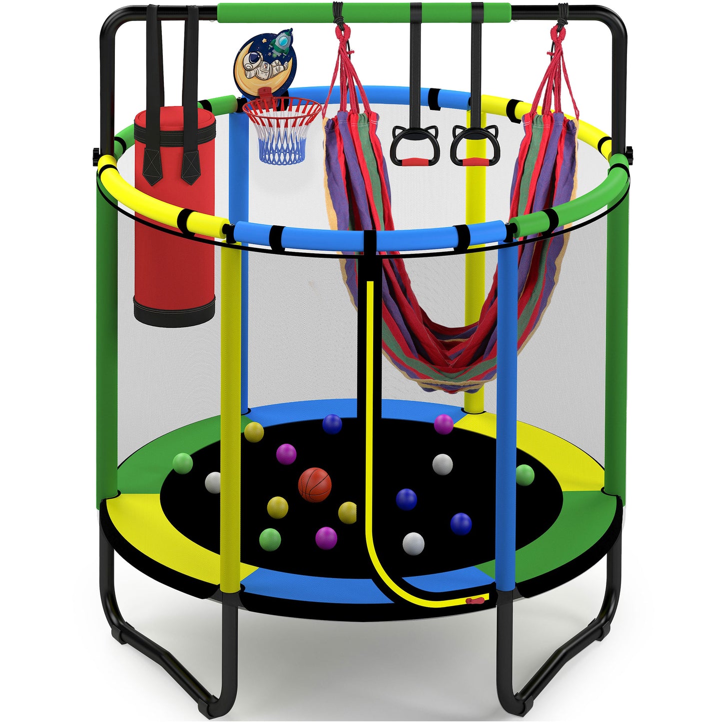 55" Trampoline for Kids with Enclosure, 220lbs Capacity Indoor Toddler Trampoline with Basketball Hoop, kids Trampoline with Swing, Gymnastics Bar, Sandbag, Ring, Ocean Balls, Gifts for Boys, Girls