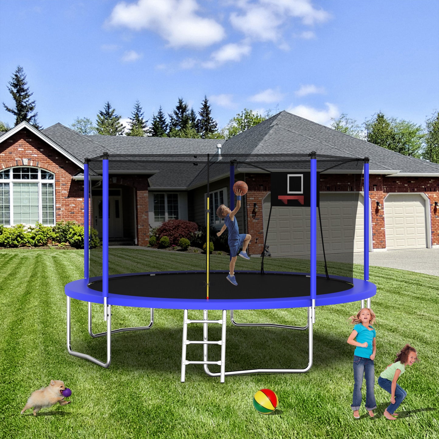 14FT Sports Fitness Trampoline with Net, SHINPT Large Trampoline with Basketball Hoop, Exercise Trampoline for Adults and Kids for Outdoor/Indoor, Gymnastics Trampoline with Ladder for Basement, Yard