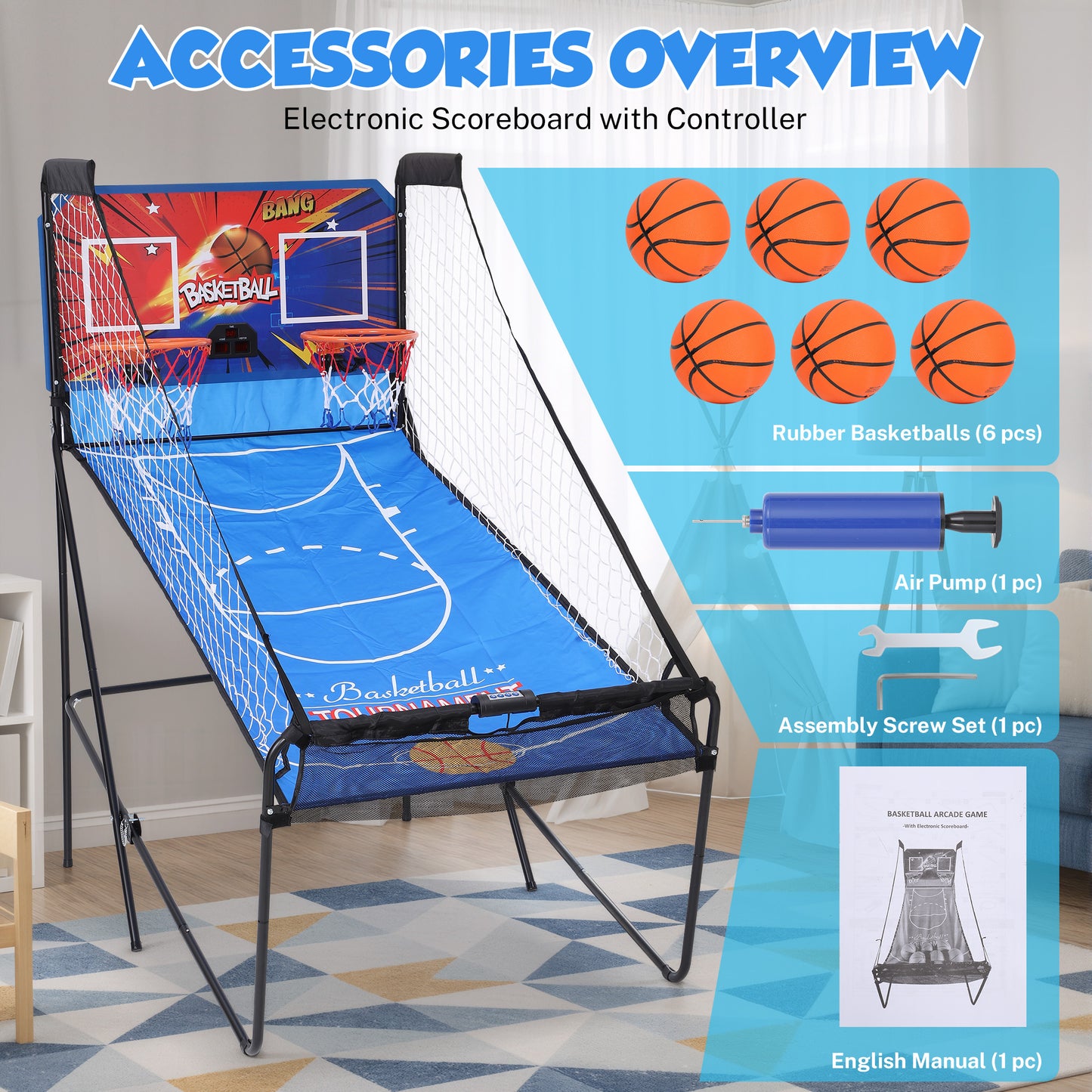 Arcade Basketball Game Indoor, SHINPT Indoor Basketball Hoop for Adults and Kids, Basketball Arcade Game with Steel Frame and Backboard, Arcade Game for Home with 6 Basketballs for Basement, Gameroom