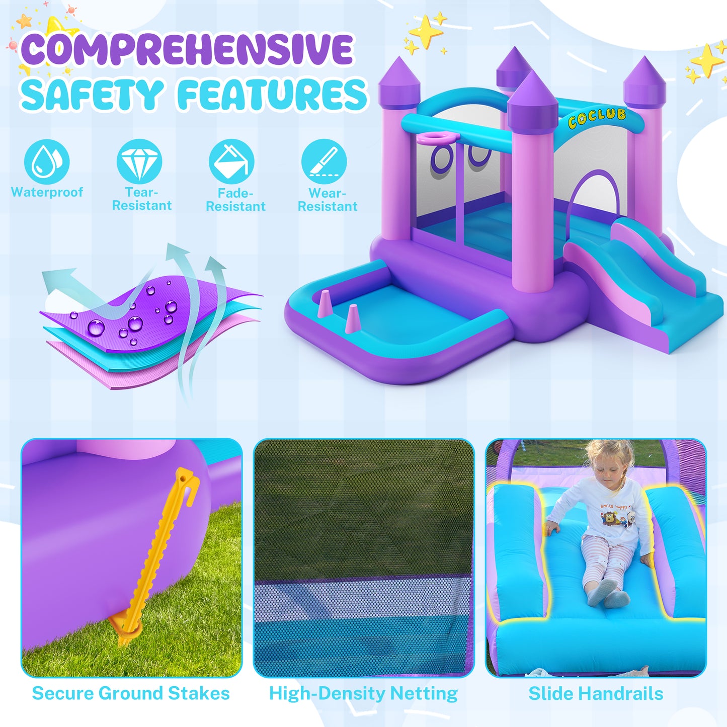 Bounce House for Kids 3-10 with Slide, SHINPT 6-in-1 Inflatable Bounce House for Indoor Outdoor Backyard, Quick Inflate Bouncy House with  Blower, 420D Oxford Bounce Castle for Birthday Party, Purple