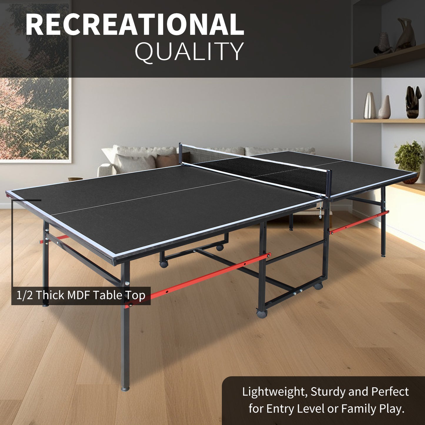 8FT Mid-Size Table Tennis Table, SHINPT Outdoor Table Tennis Table with 2 Table Tennis Paddles and 3 Balls, Foldable Ping Pong Table for Game room, Apartment, Office, Outside Games for Adults, Family