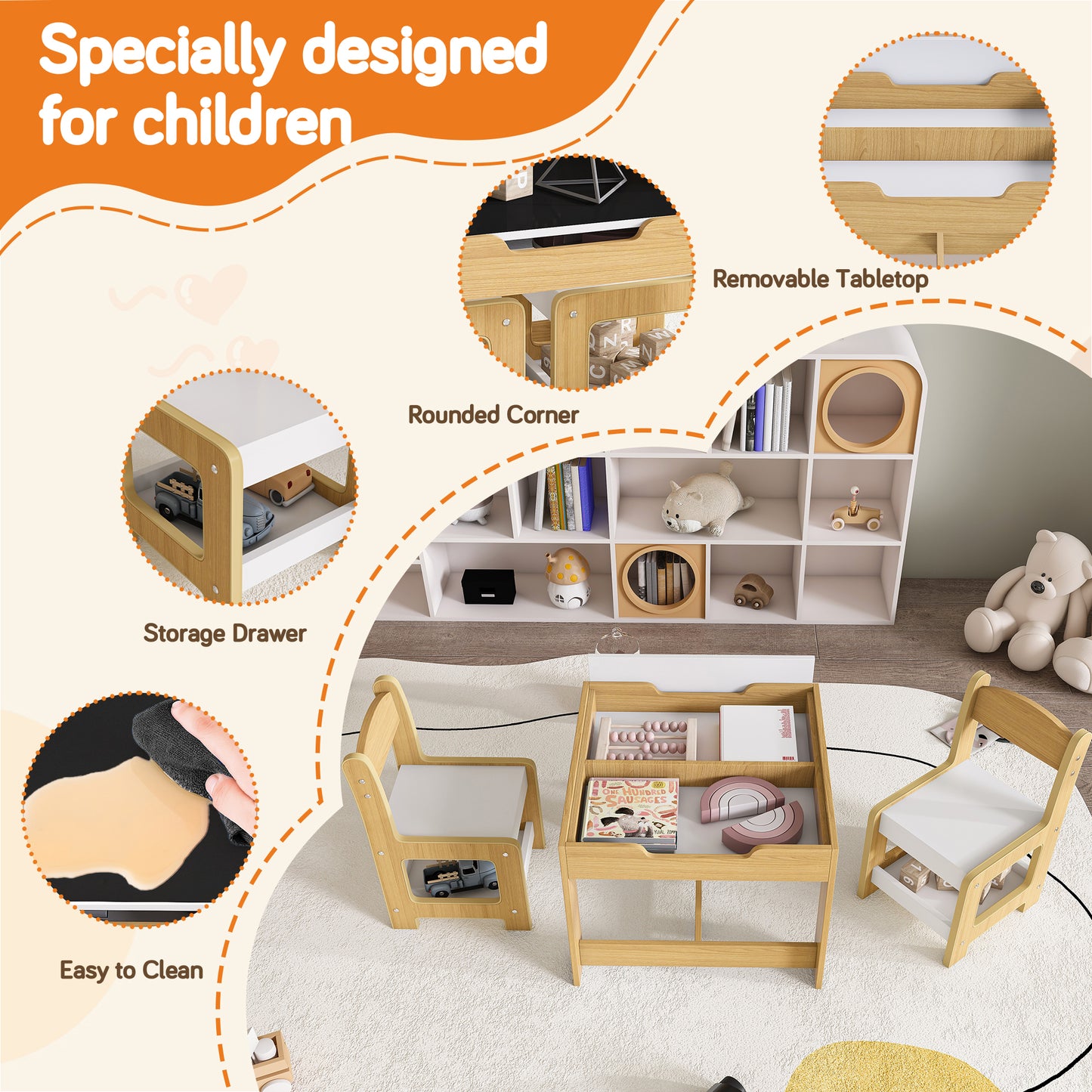 3 in 1 Children Table and Chair Set, SHINPT Kids Furniture with 1 Table and 2 Chairs for Drawing, Reading, Play, Kids Craft Table with Detachable Blackboard, Toddler Play Table for Nursery, Playroom