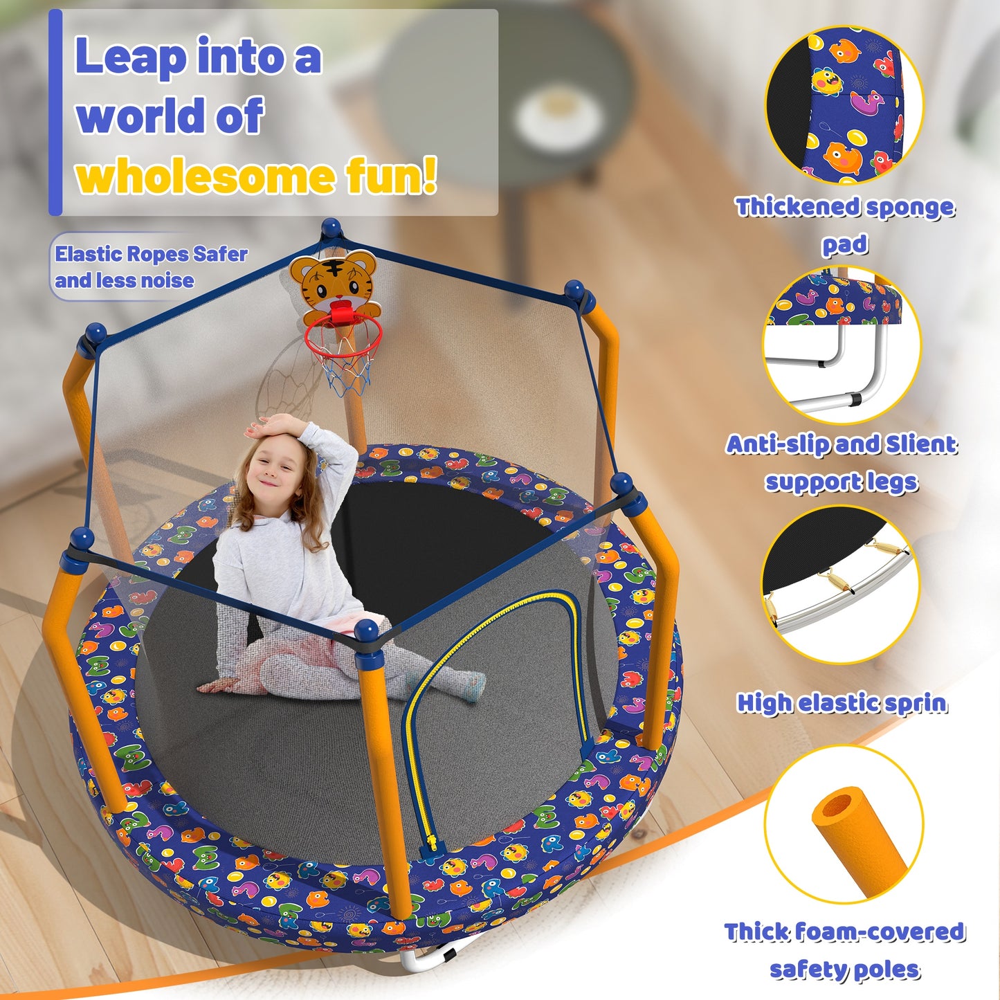 55" Toddler Trampoline Indoor/Outdoor for Kids, Shinpt Mini Trampoline for Backyard, Recreational Trampoline with Basketball Hoop, Outdoor Toddler Toy with Enclosure Net, Indoor Bounce House for Gift