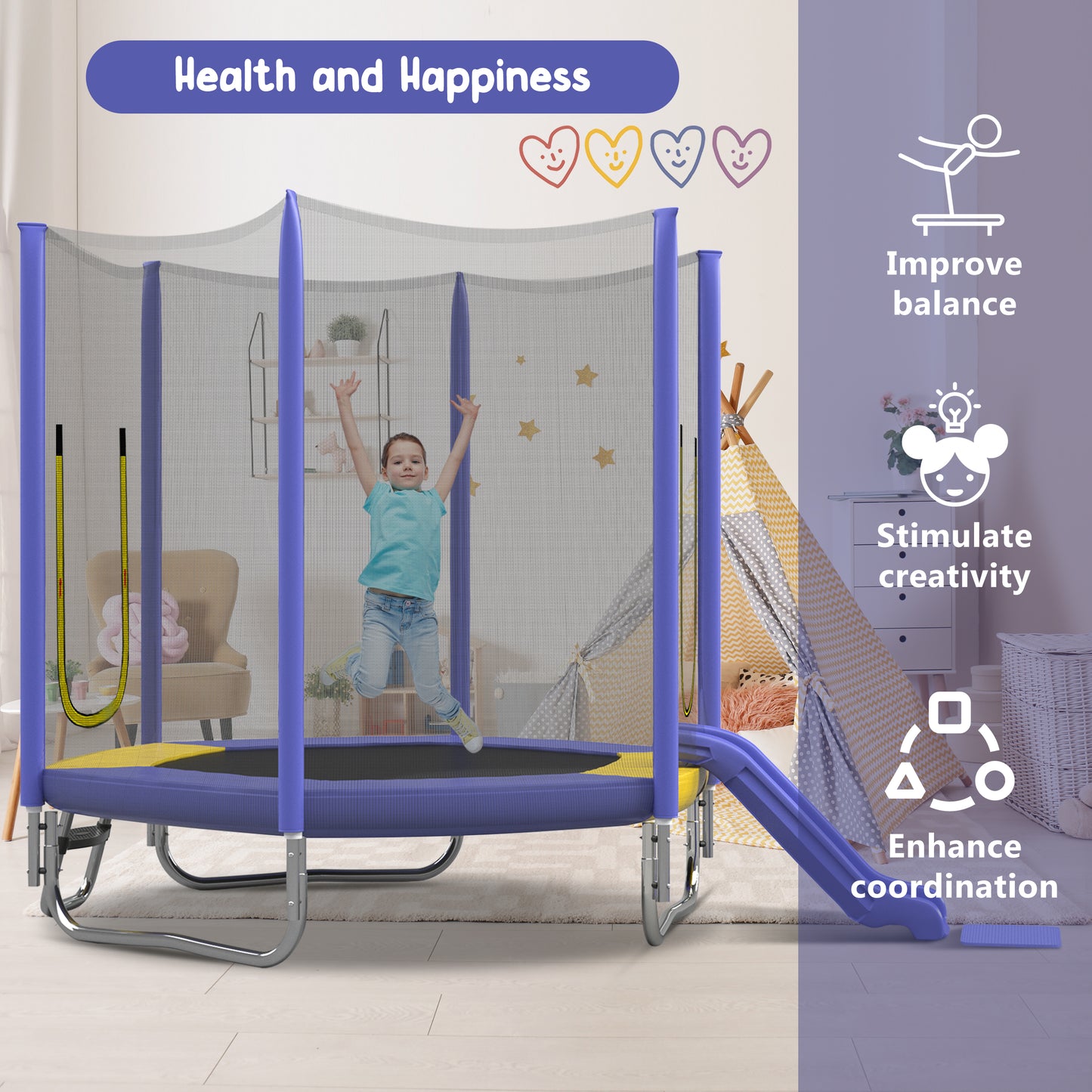 7FT Toddler Trampoline for Kids, SHINPT Outdoor/Indoor Trampoline with Slide and Ladder, Recreational Trampolinewith Safety Enclosure Net, Hexagon Trampoline for Kids 3+, Outside Toy for Backyard