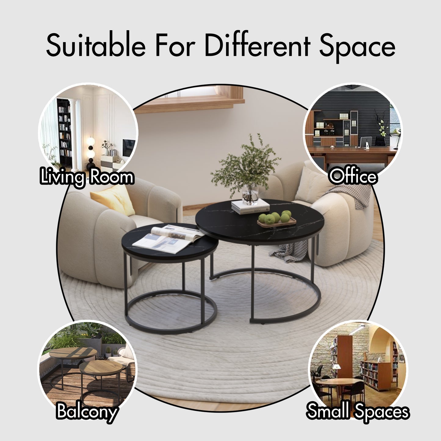 Nesting Coffee Table Set of 2, SHINPT Circle Coffee Table with Sturdy Metal Frame, Round Coffee Table and End Table Set, Mid Century Modern Coffee Table for Living Room, Bedroom, Balcony, Yard