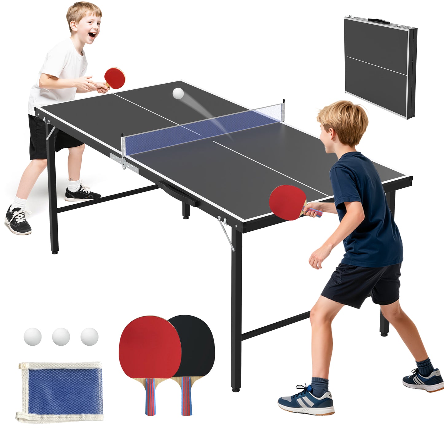 SHINPT 5ft Portable Ping Pong Table, Foldable Mid-Size and 100% Pre-Assembled Weatherproof Indoor/Outdoor Table Tennis with Net for Adults/Teens, 2 Table Tennis Paddles and 3 Balls, Black