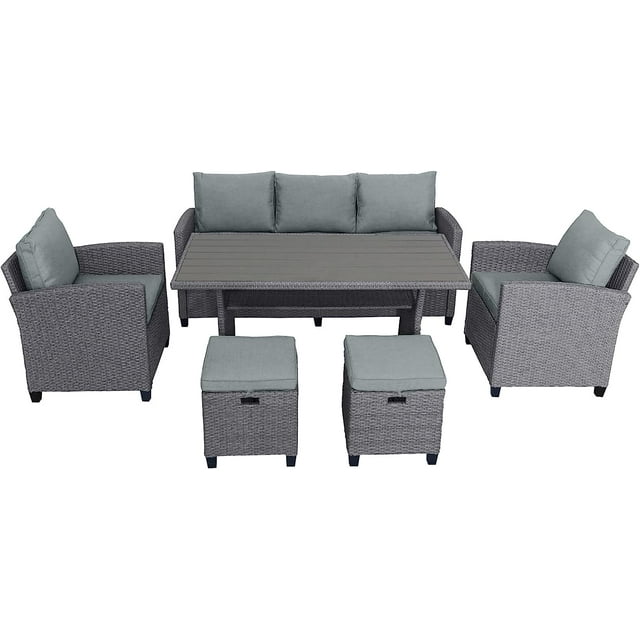 Shinpt 6-Piece Patio Furniture Set with Sofa, Chair, Stools and Table, Outdoor Rattan Wicker Set for Patio, Garden, Backyard, Outdoor Sectional Furniture Set(Gray Rattan+Gray Cushion)