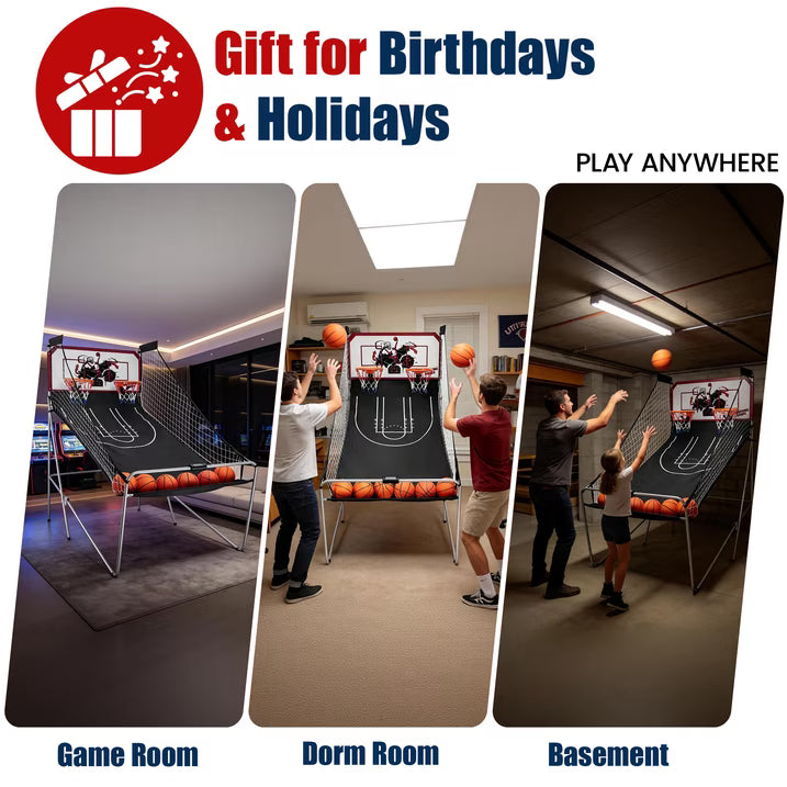 SHINPT Electronic Basketball Arcade Game, 2 Player Indoor Basketball Arcade Game for Kids Adults, Foldable Arcade Basketball with 8 Game Modes,  Electronic Scorer, Basketball Hoop, 6 Balls, Air Pump