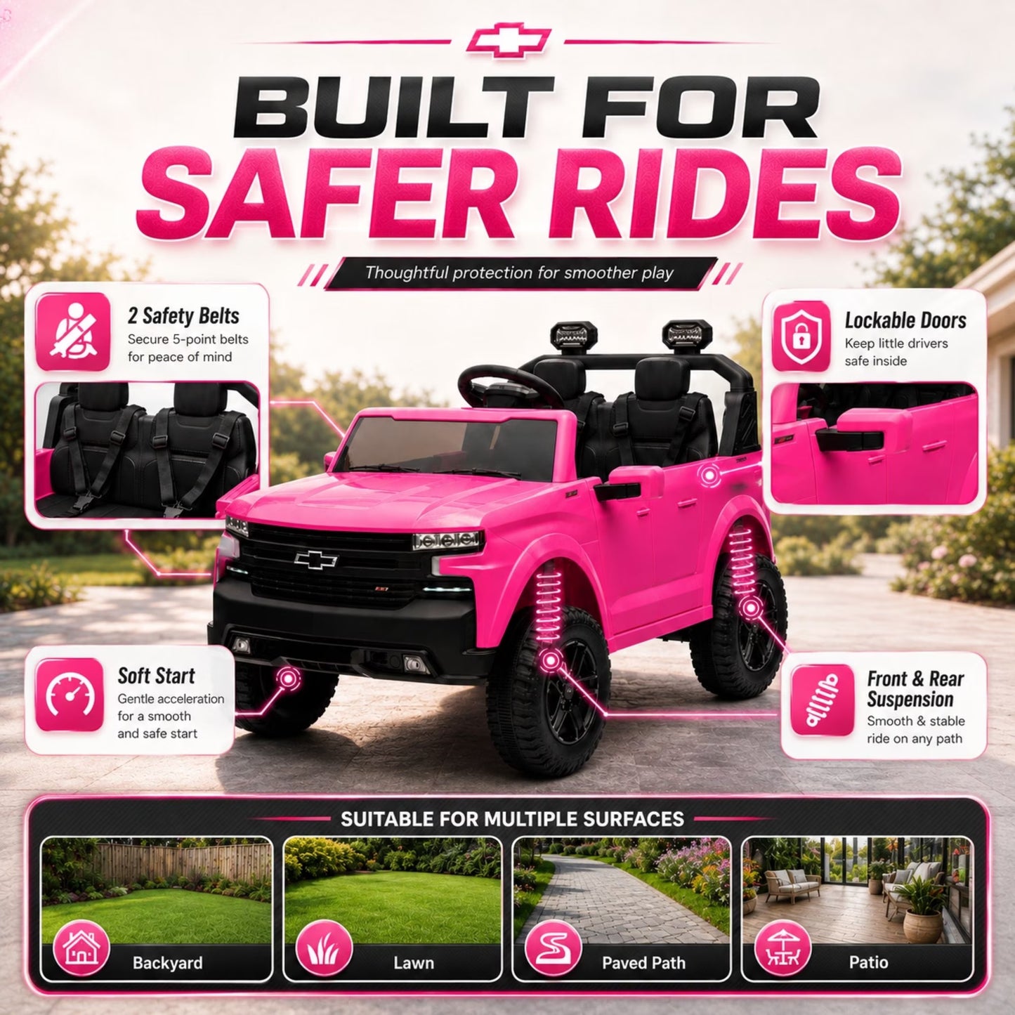 SHINPT 24V Ride on Car, Chevrolet Silverado Licensed, 2 Seater Electric Truck for Kids, Remote Control, 3-Speed, Safety Belt, Bluetooth Music, LED Headlights, Battery Power, Ages 3+, 46.30lbs, Pink