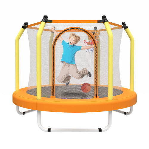 55" Toddler Trampoline with Enclosure Net, 4.6 ft Mini Trampoline for Kids with Basketball Hoop, Indoor Outdoor Toddler Recreational Tranpolines , Gifts for Boys Girls Aged 3-6