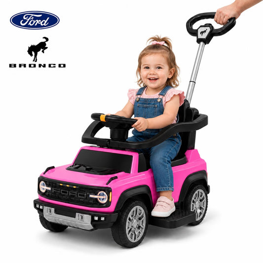 SHINPT 3 in 1 Push Car, Licensed Ford Bronco, Toddler Push Car with Parent Control Handle, Safety Fence, Lights, Music & Storage, Ride on Toy for Toddlers 18-36 Months, Pink