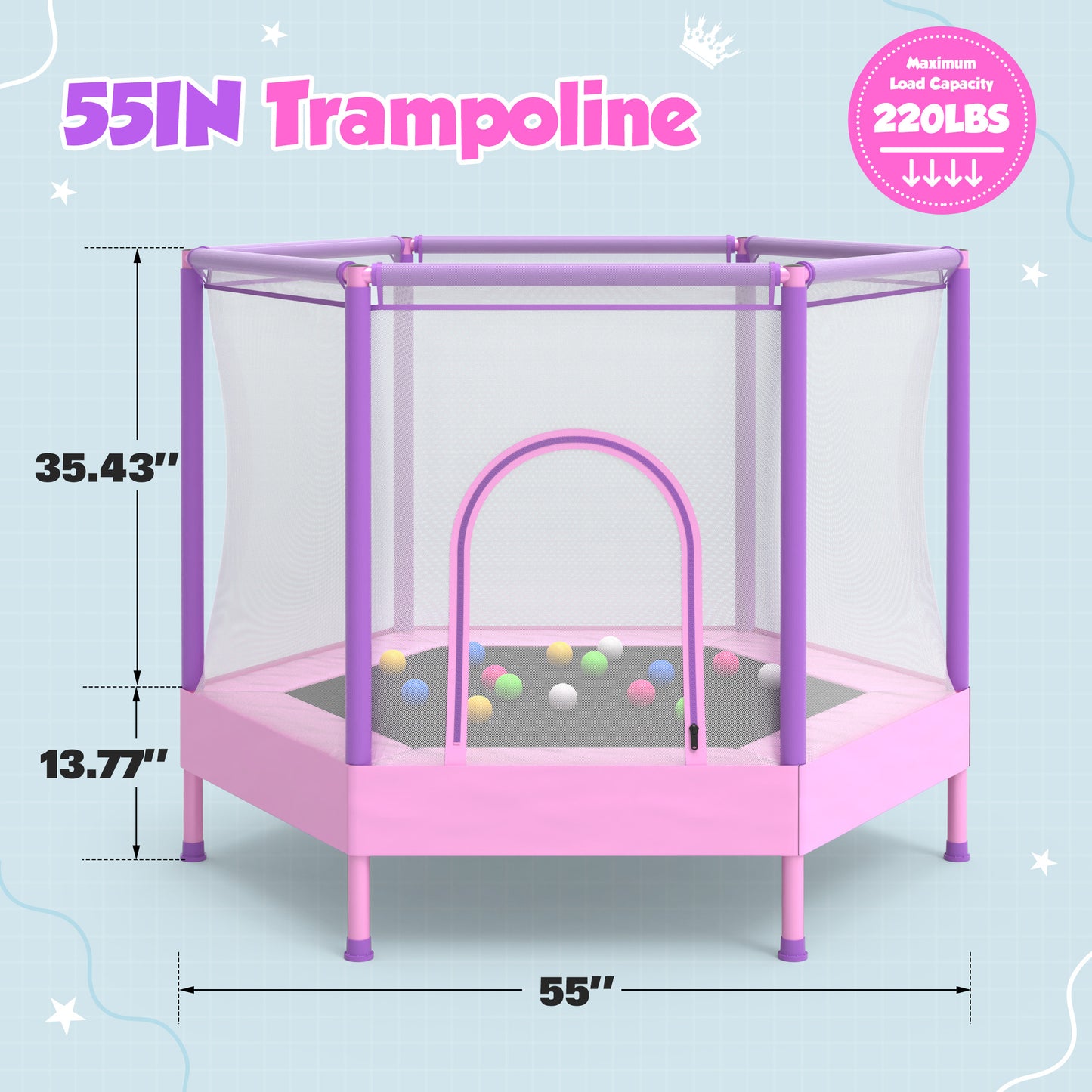 SHINPT 55'' Kids Trampoline with Safety Net, No-Gap Toddler Trampoline Indoor&Outdoor, Mini Trampoline for Kids Ages 3-8, 4.5FT Small Trampoline with Enclosure, Easy Assembly