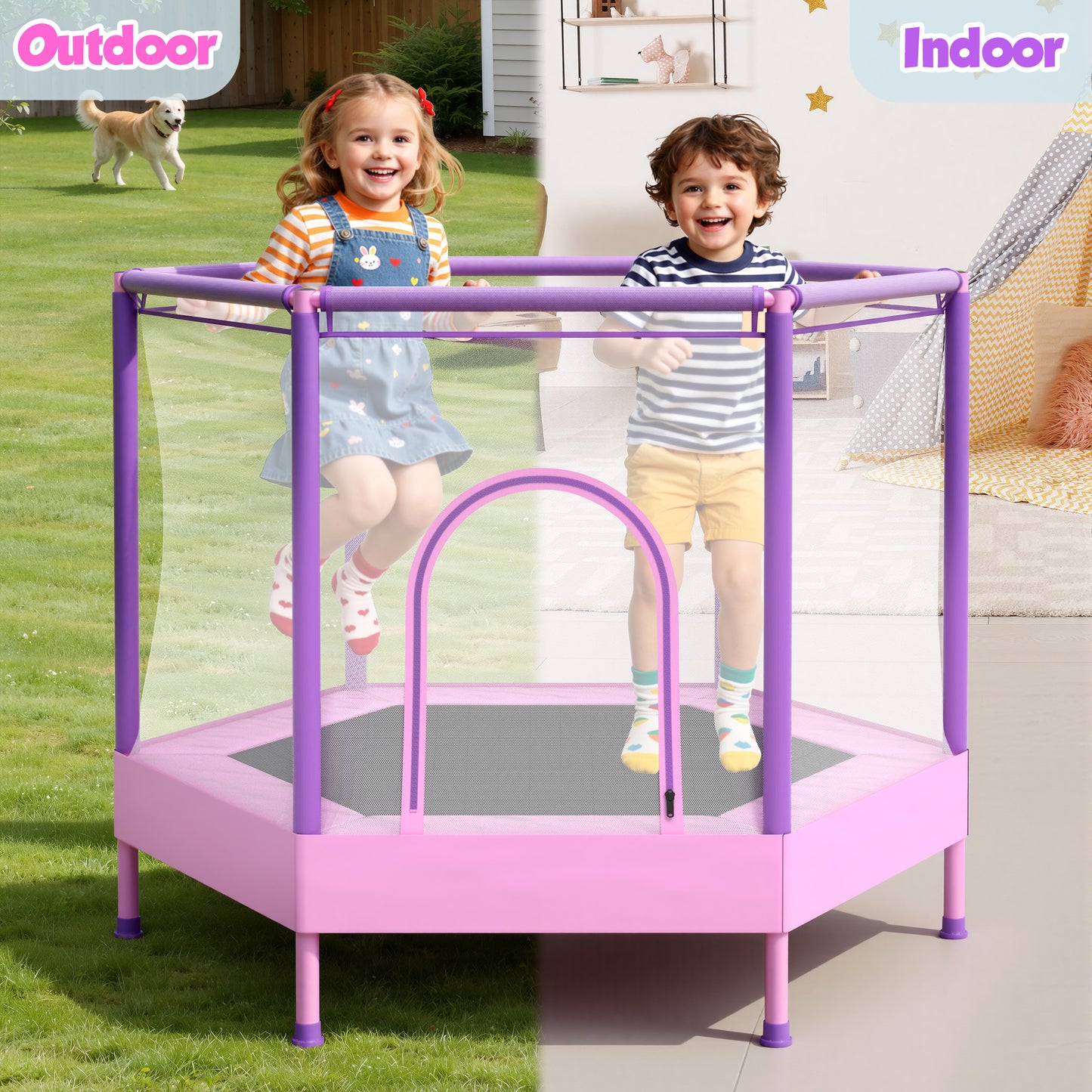 SHINPT 55'' Kids Trampoline with Safety Net, No-Gap Toddler Trampoline Indoor&Outdoor, Mini Trampoline for Kids Ages 3-8, 4.5FT Small Trampoline with Enclosure, Easy Assembly
