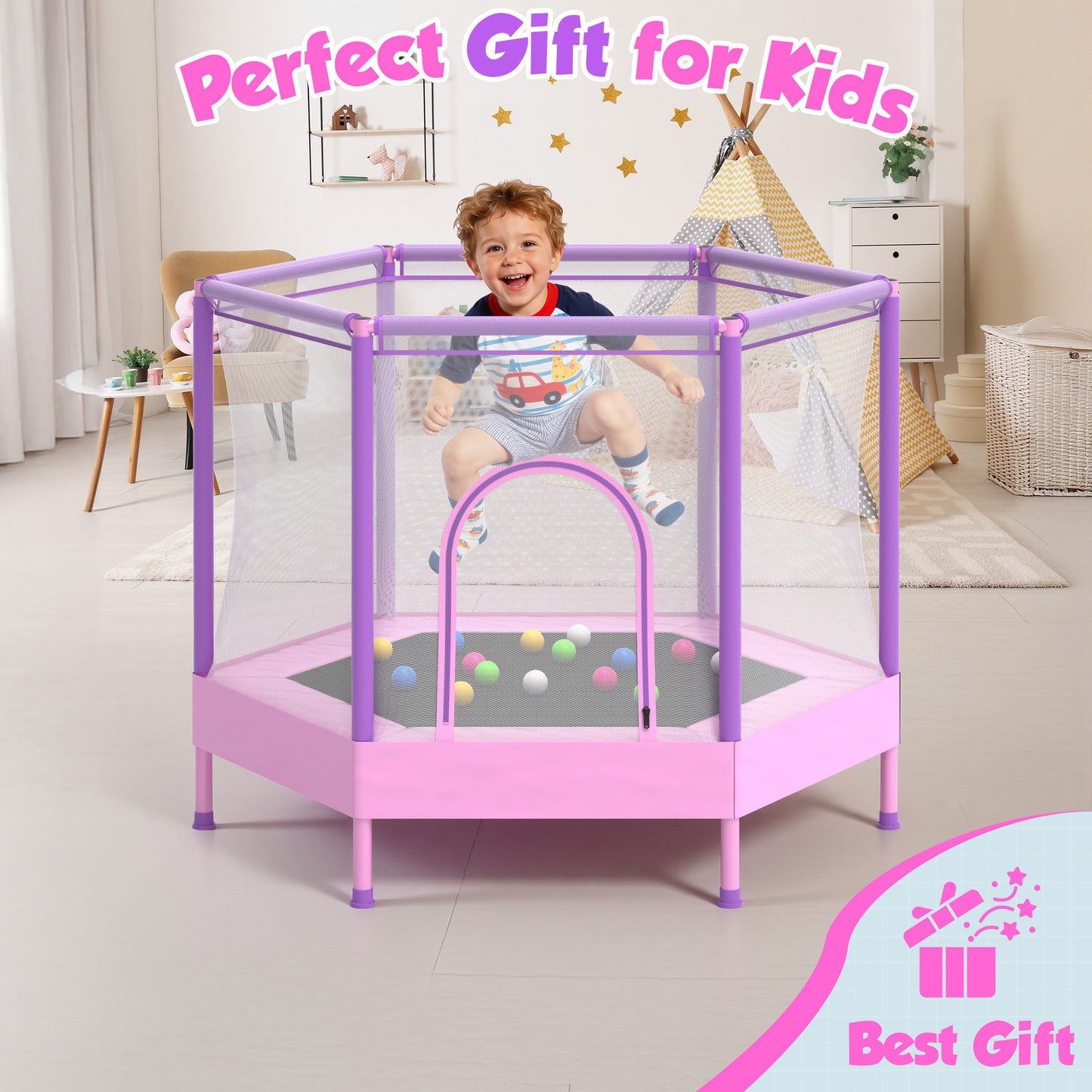 SHINPT 55'' Kids Trampoline with Safety Net, No-Gap Toddler Trampoline Indoor&Outdoor, Mini Trampoline for Kids Ages 3-8, 4.5FT Small Trampoline with Enclosure, Easy Assembly