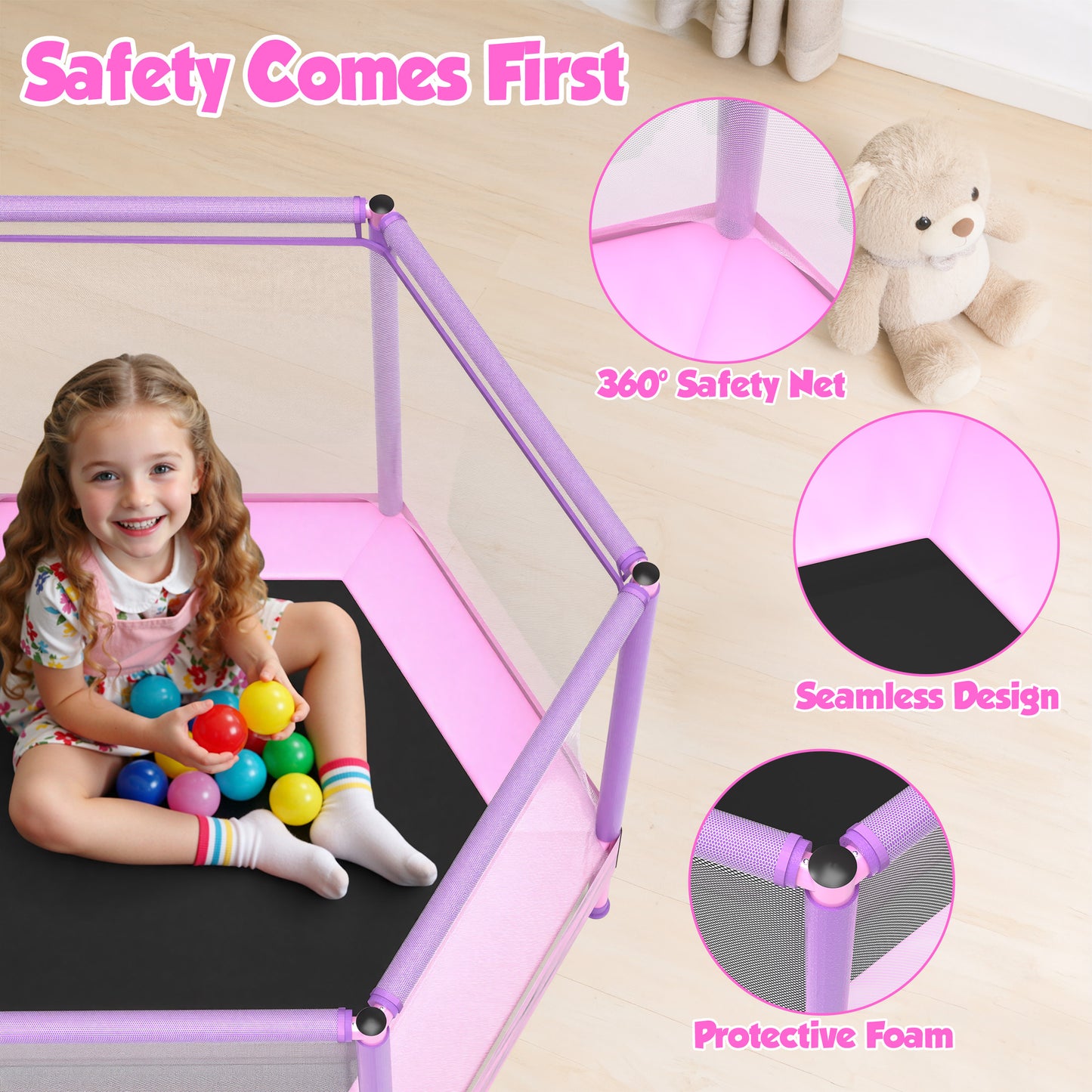SHINPT 55'' Kids Trampoline with Safety Net, No-Gap Toddler Trampoline Indoor&Outdoor, Mini Trampoline for Kids Ages 3-8, 4.5FT Small Trampoline with Enclosure, Easy Assembly