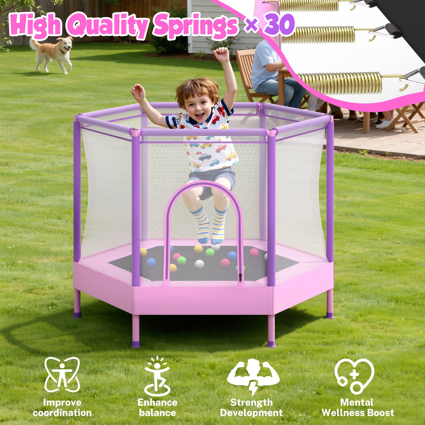 SHINPT 55'' Kids Trampoline with Safety Net, No-Gap Toddler Trampoline Indoor&Outdoor, Mini Trampoline for Kids Ages 3-8, 4.5FT Small Trampoline with Enclosure, Easy Assembly