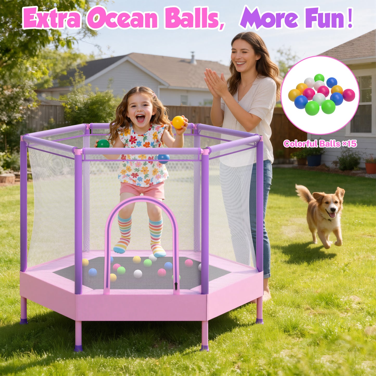 SHINPT 55'' Kids Trampoline with Safety Net, No-Gap Toddler Trampoline Indoor&Outdoor, Mini Trampoline for Kids Ages 3-8, 4.5FT Small Trampoline with Enclosure, Easy Assembly