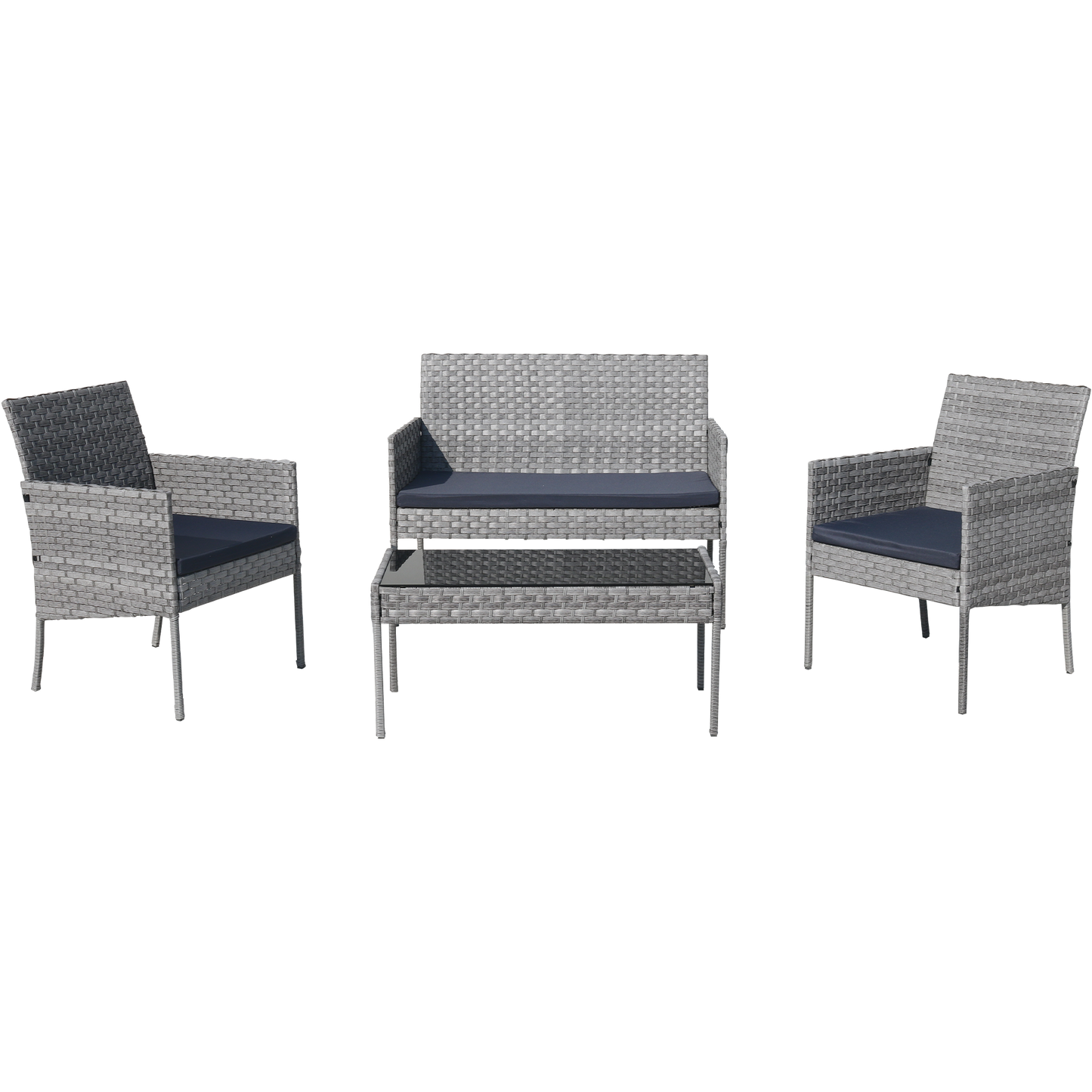 Shinpt Patio Furniture Set 4 Pieces, Rattan Balcony Sets for Graden and Lawn, Outdoor Conversation Sets with Rattan Chair, Wicker Sofa and Glass Coffee Table, Grey