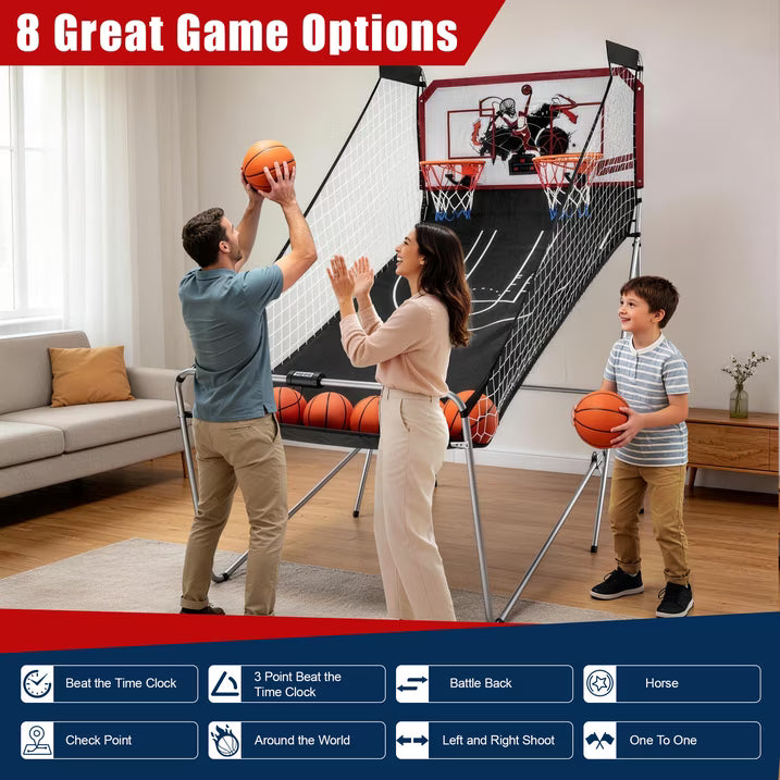 SHINPT Electronic Basketball Arcade Game, 2 Player Indoor Basketball Arcade Game for Kids Adults, Foldable Arcade Basketball with 8 Game Modes,  Electronic Scorer, Basketball Hoop, 6 Balls, Air Pump