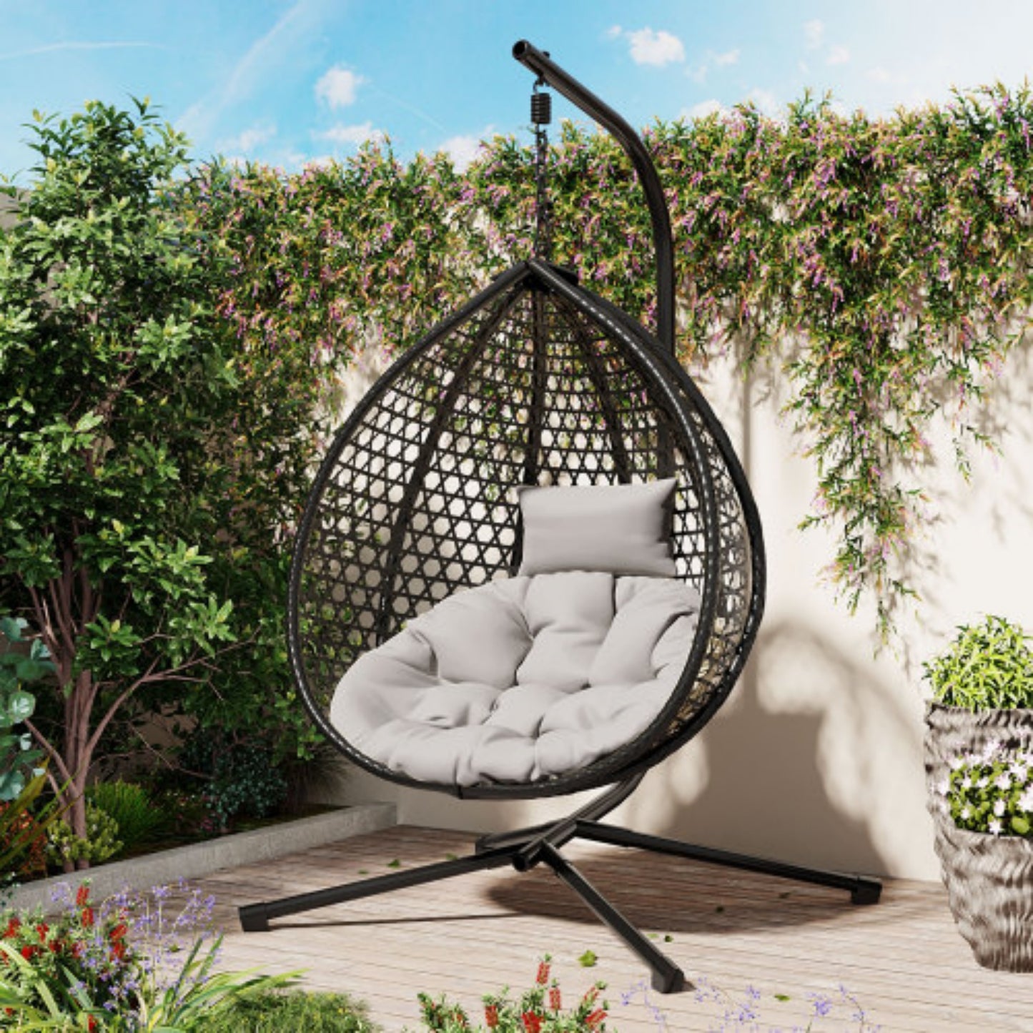 Egg Chair with Stand, Indoor/Outdoor Hanging Egg Chair with Removable & Washable Cushions, Hammock Rattan Swing Chair with 330 LBS Capacity for Bedroom, Balcony, Poolside, Garden, Backyard