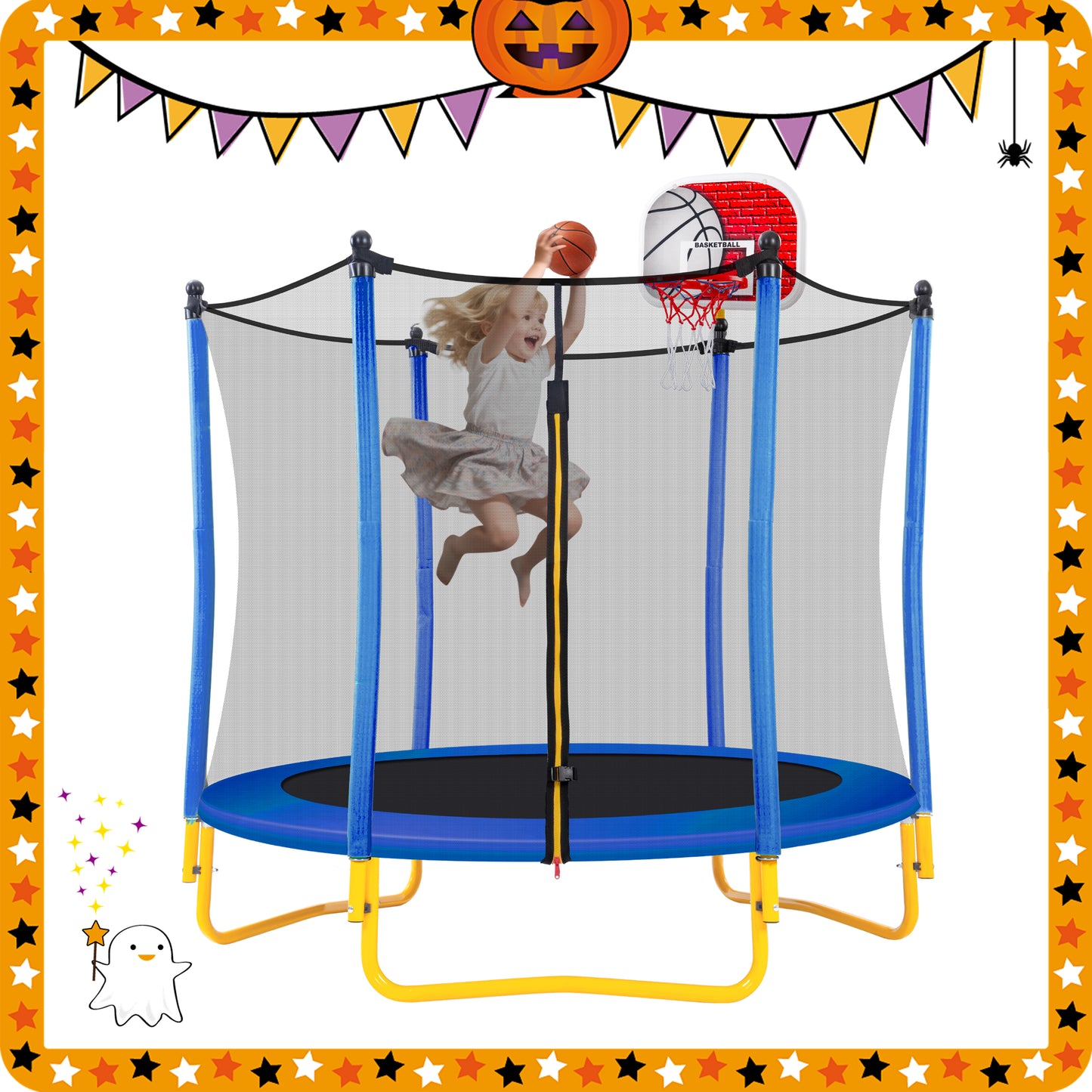 5.5FT Mini Trampoline for Kids, 65" Toddler Trampoline Indoor/Outdoor, Backyard Trampolines with Enclosure Net, Recreational Trampolines with Basketball Hoop and Ball, Yellow