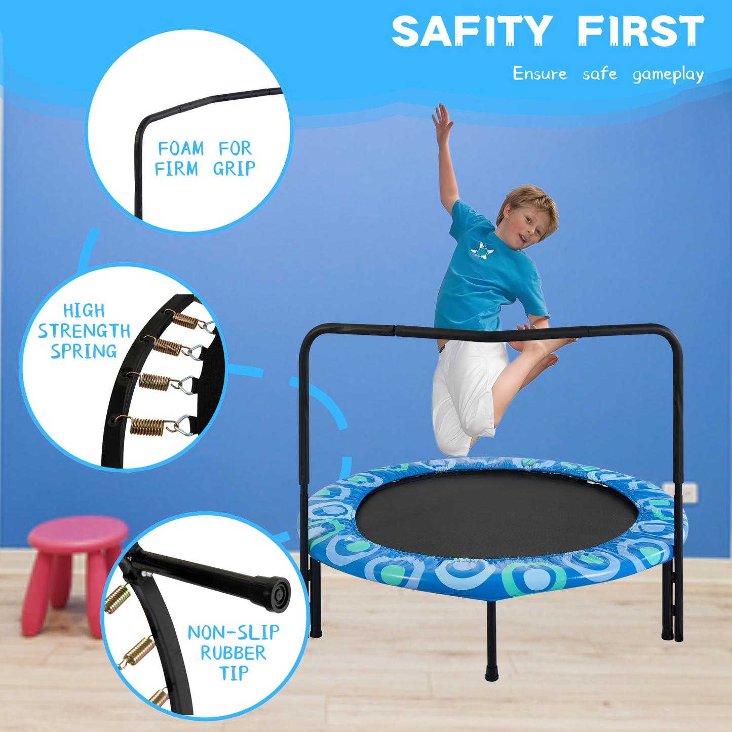 48" Mini Trampoline for Kids Ages 3-7, Foldable Kids Trampoline with Foam Handle for Indoor & Outdoor, SHINPT Trampoline for Boys&Girls, Blue Rebounder Exercise Trampoline for Backyard, Patio
