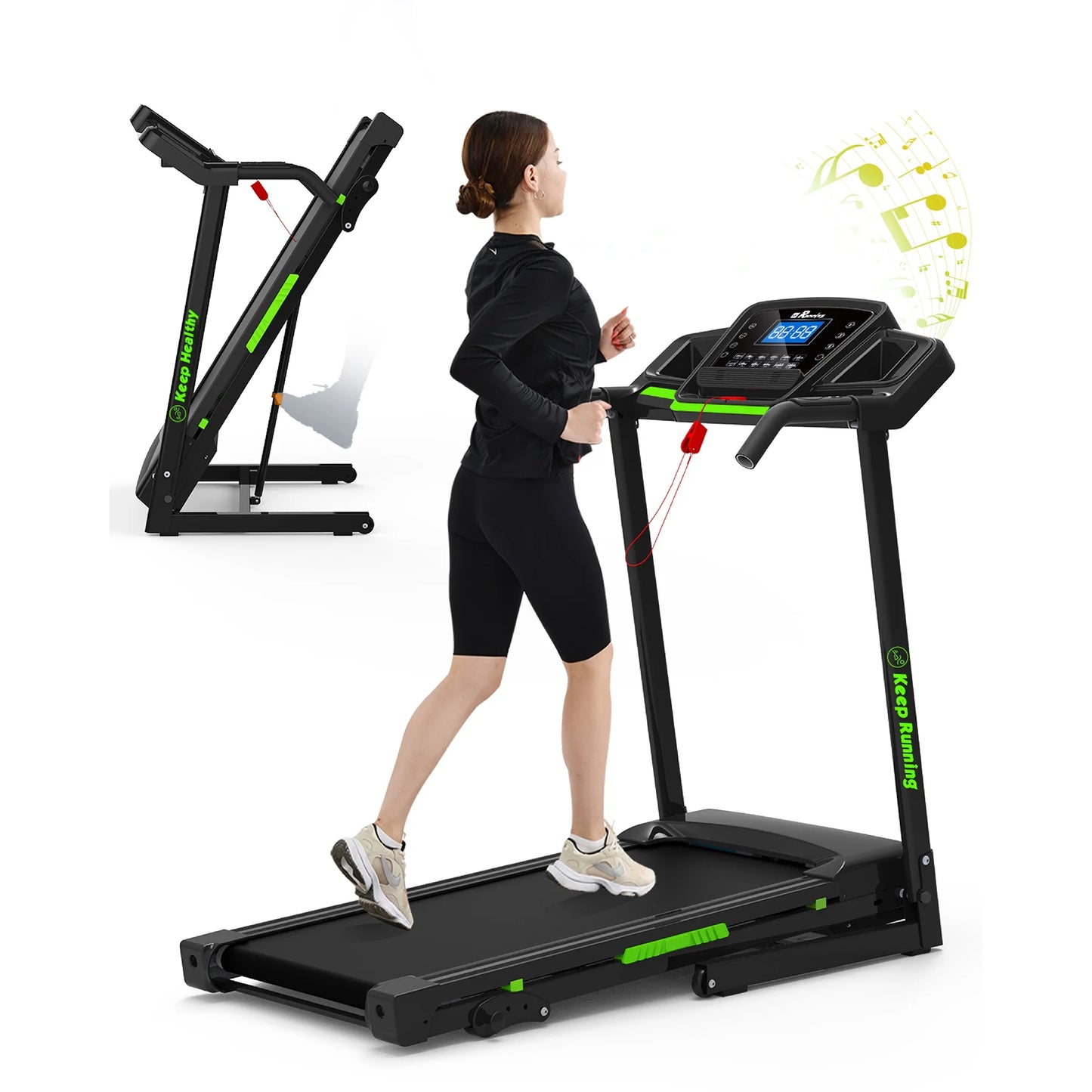 Foldable Treadmill with Incline, Treadmills for Home with 330LBS Capacity, Handrail Controls Speed, 3.5HP portable treadmills with APP, Pulse Monitor for Walking, Running & Cardio-Black+Green
