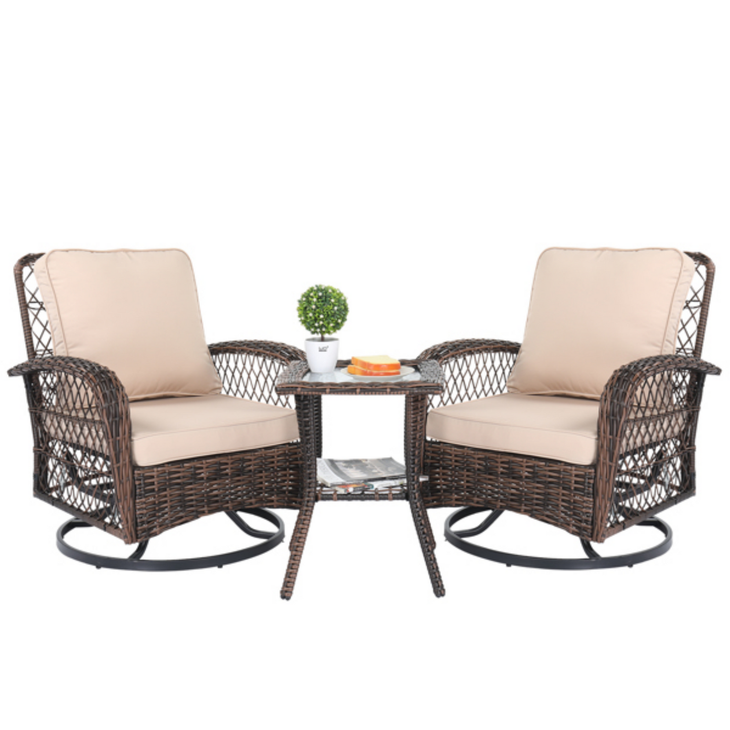 Outdoor Swivel Glider Rocking Chair Set with 360° Rotation, Patio Furniture Set with All-Weather PE Rattan & Plush Cushions for Patio, Porch, Deck
