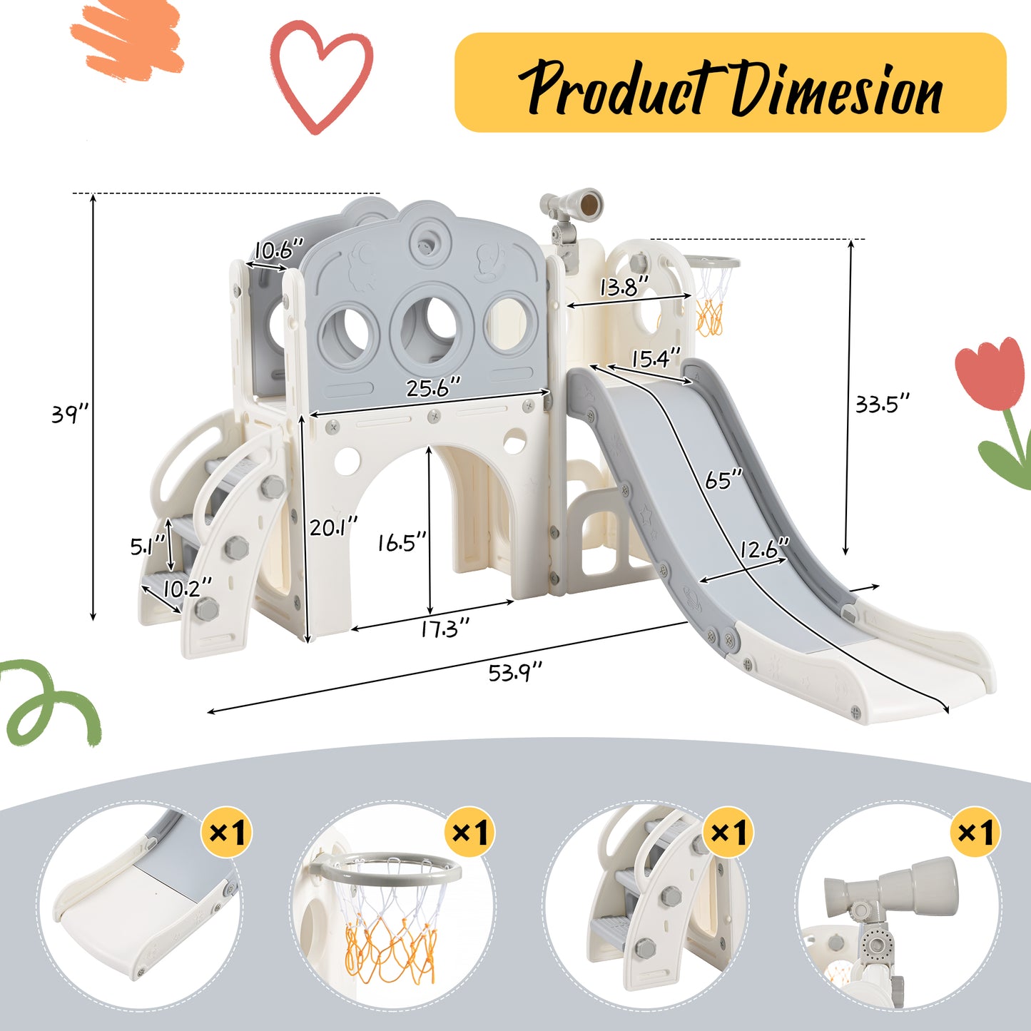 7 in 1 Toddler Slide Set, Freestanding Spaceship Set with Slide, Kids Slide Playset Structure, Arch Tunnel and Basketball Hoop, Toy Storage Organizer for Toddlers, Kids Climbers Playground,Purple