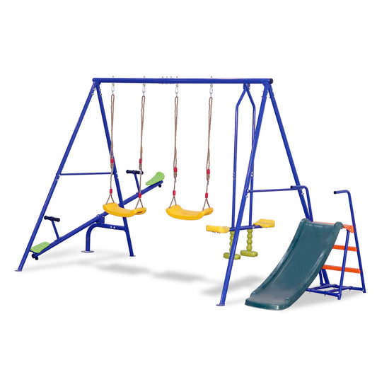 5 in 1 Outdoor Toddler Swing Set for Backyard, SHINPT Playground Swing Sets with 2 Belt Swings and Teeter-totter, Multifunction Playsets with Slide and Glider, Metal Swing Set with 700 lbs Capacity